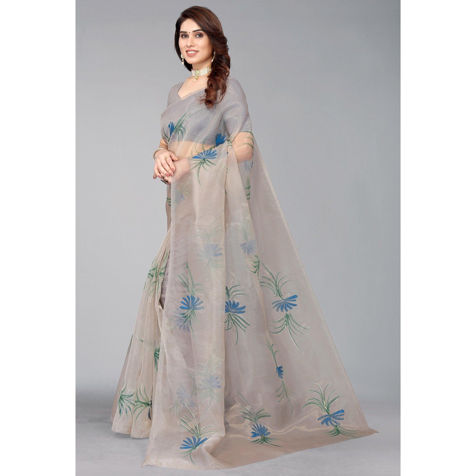 Grey Hand Printed Organza Saree - Peachmode
