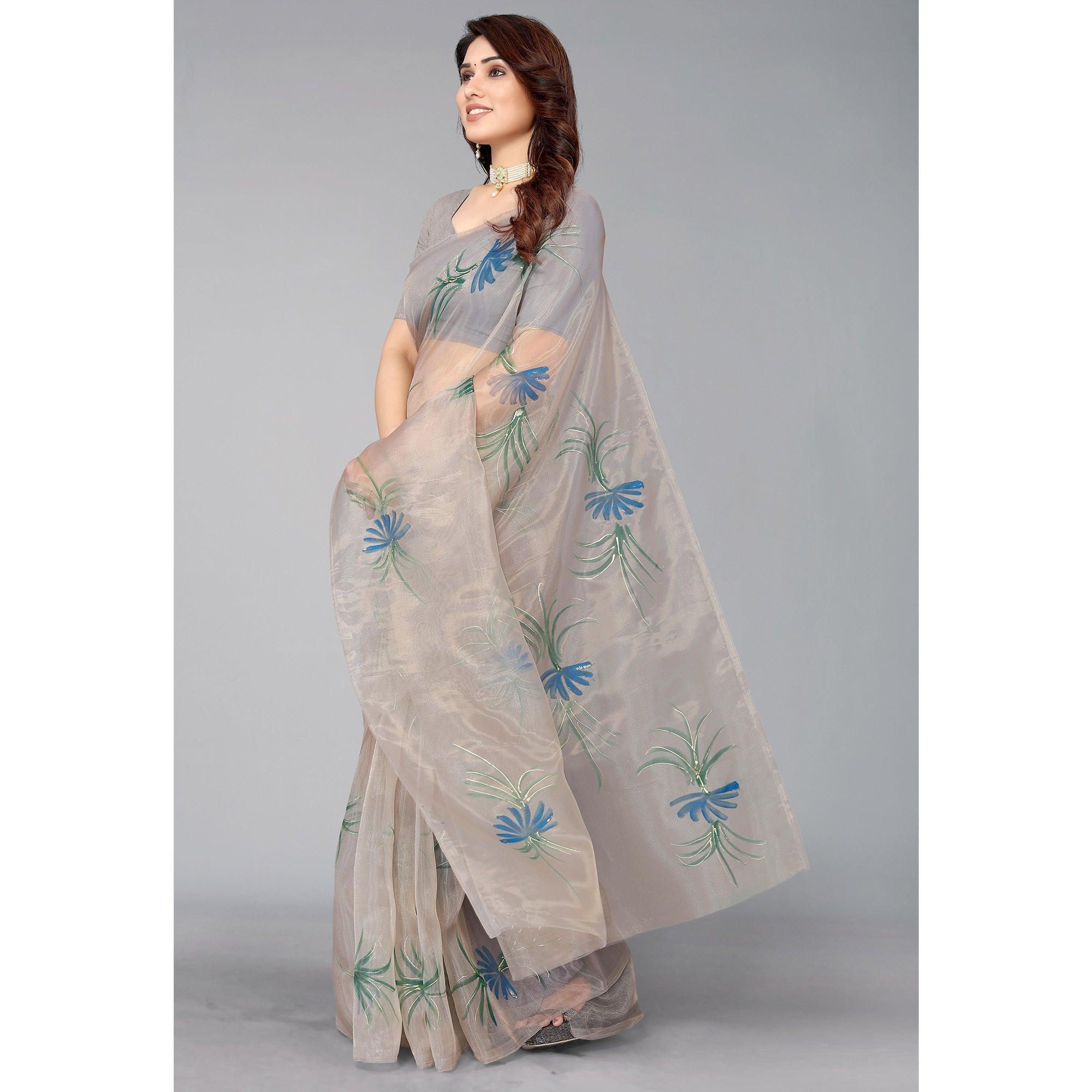 Grey Hand Printed Organza Saree - Peachmode