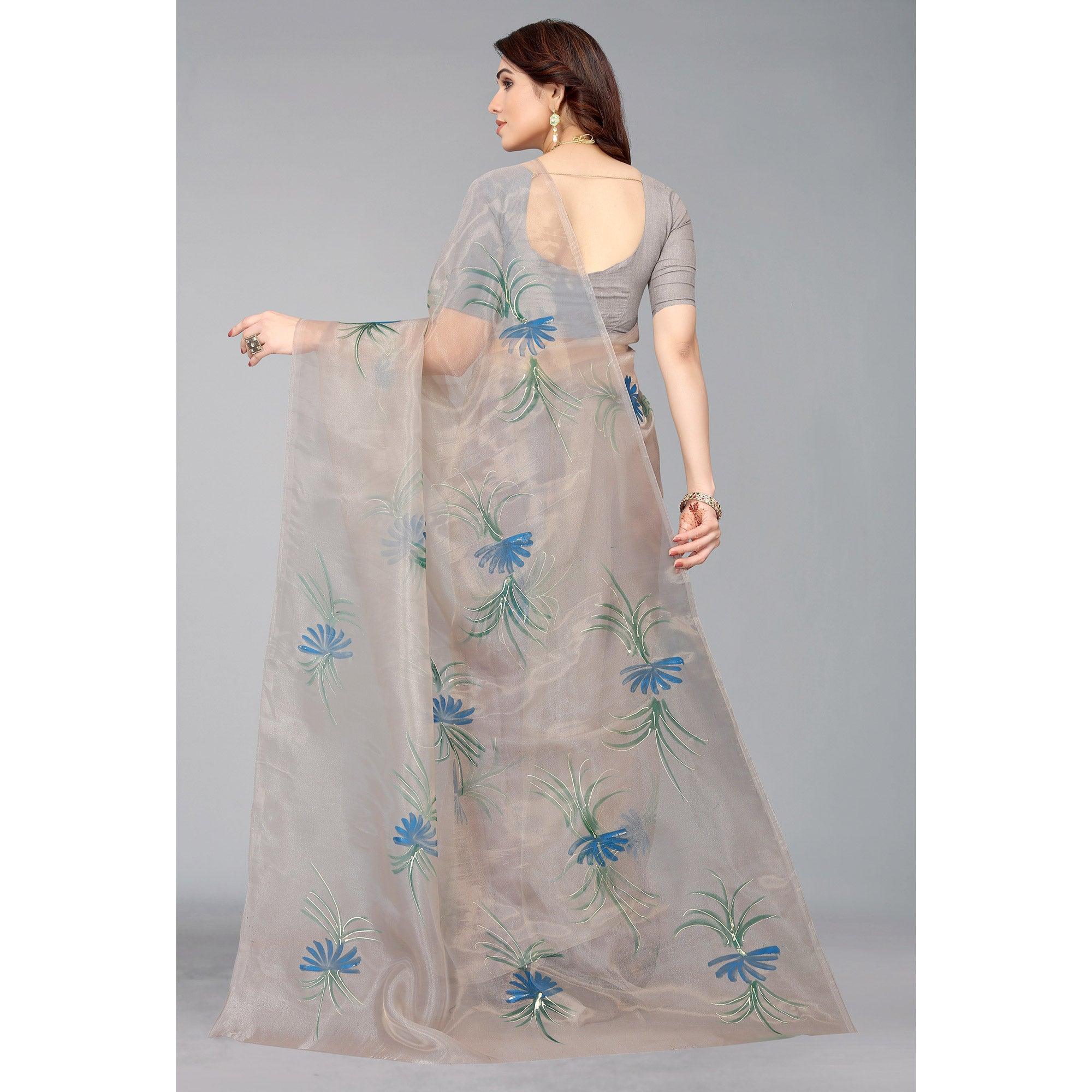 Grey Hand Printed Organza Saree - Peachmode