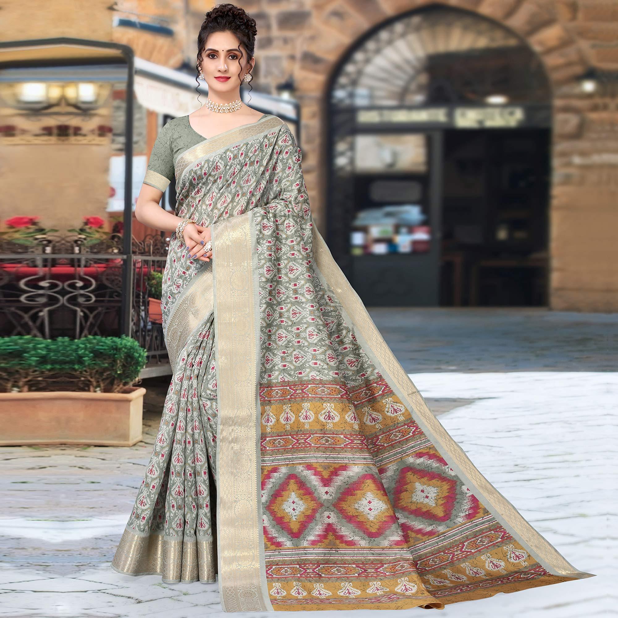 Grey Ikkat Printed Dola Silk Saree - Peachmode