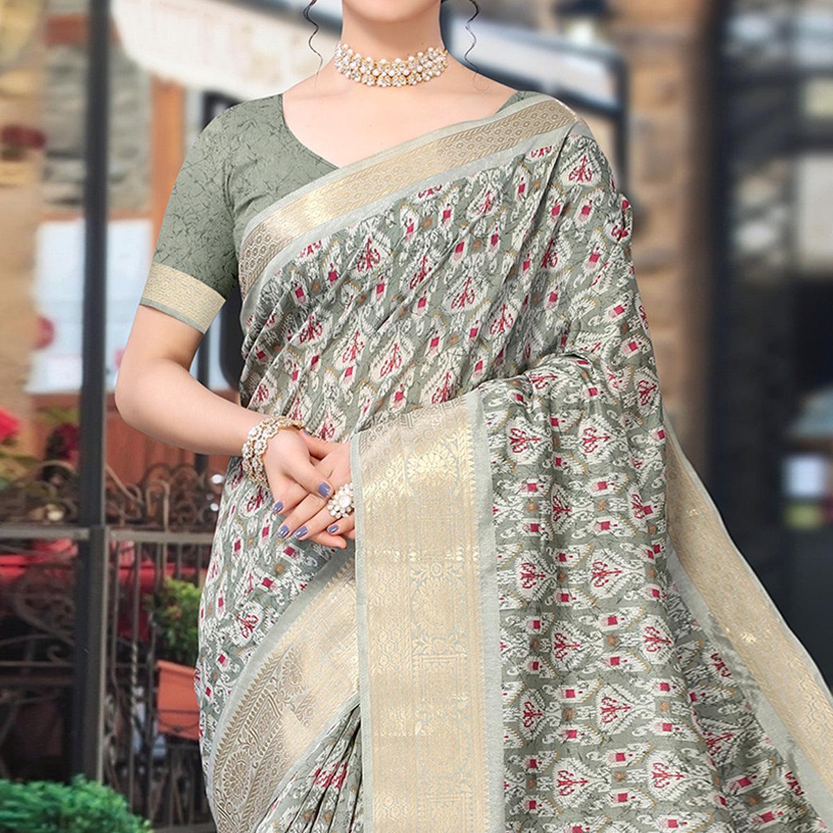 Grey Ikkat Printed Dola Silk Saree - Peachmode