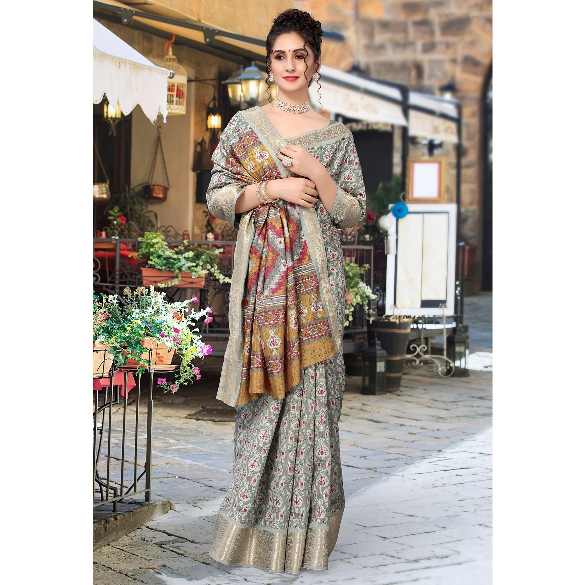 Grey Ikkat Printed Dola Silk Saree - Peachmode