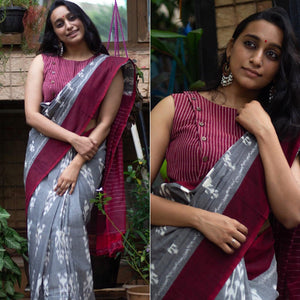Grey Ikkat Printed Linen Saree - Peachmode
