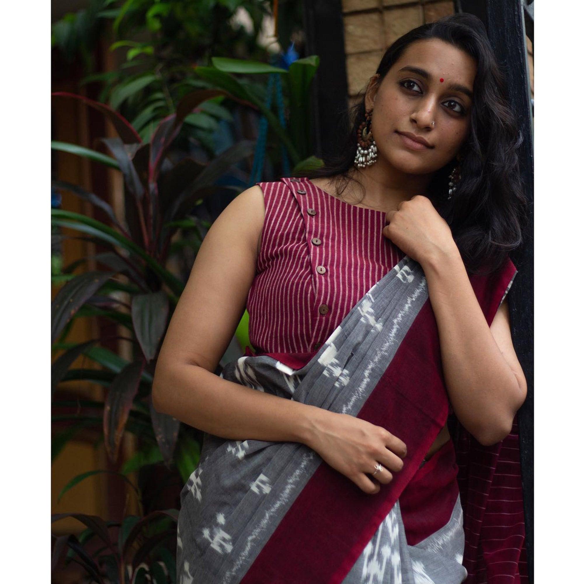 Grey Ikkat Printed Linen Saree - Peachmode