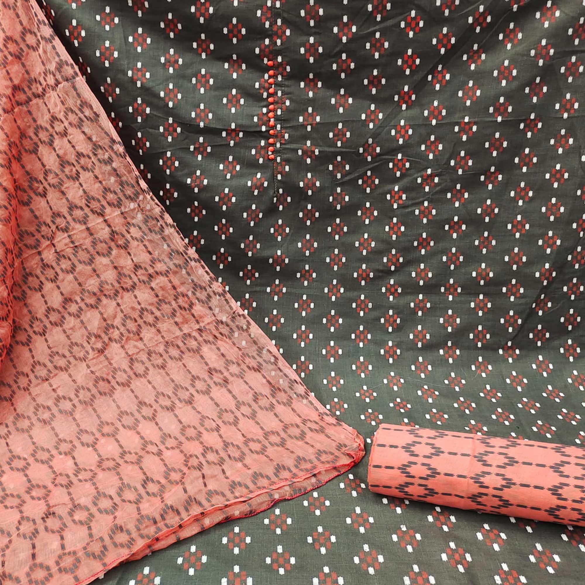 Grey Ikkat Printed Poly Cotton Dress Material - Peachmode