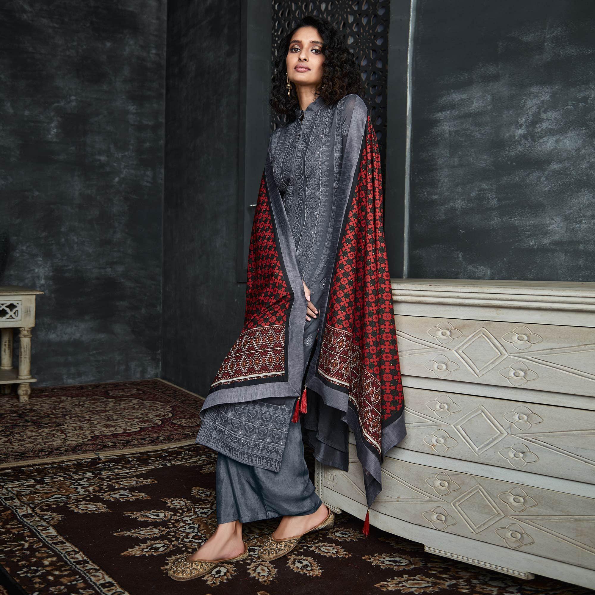 Grey Lakhnavi Embroidery Georgette Partywear Palazzo Suit - Peachmode