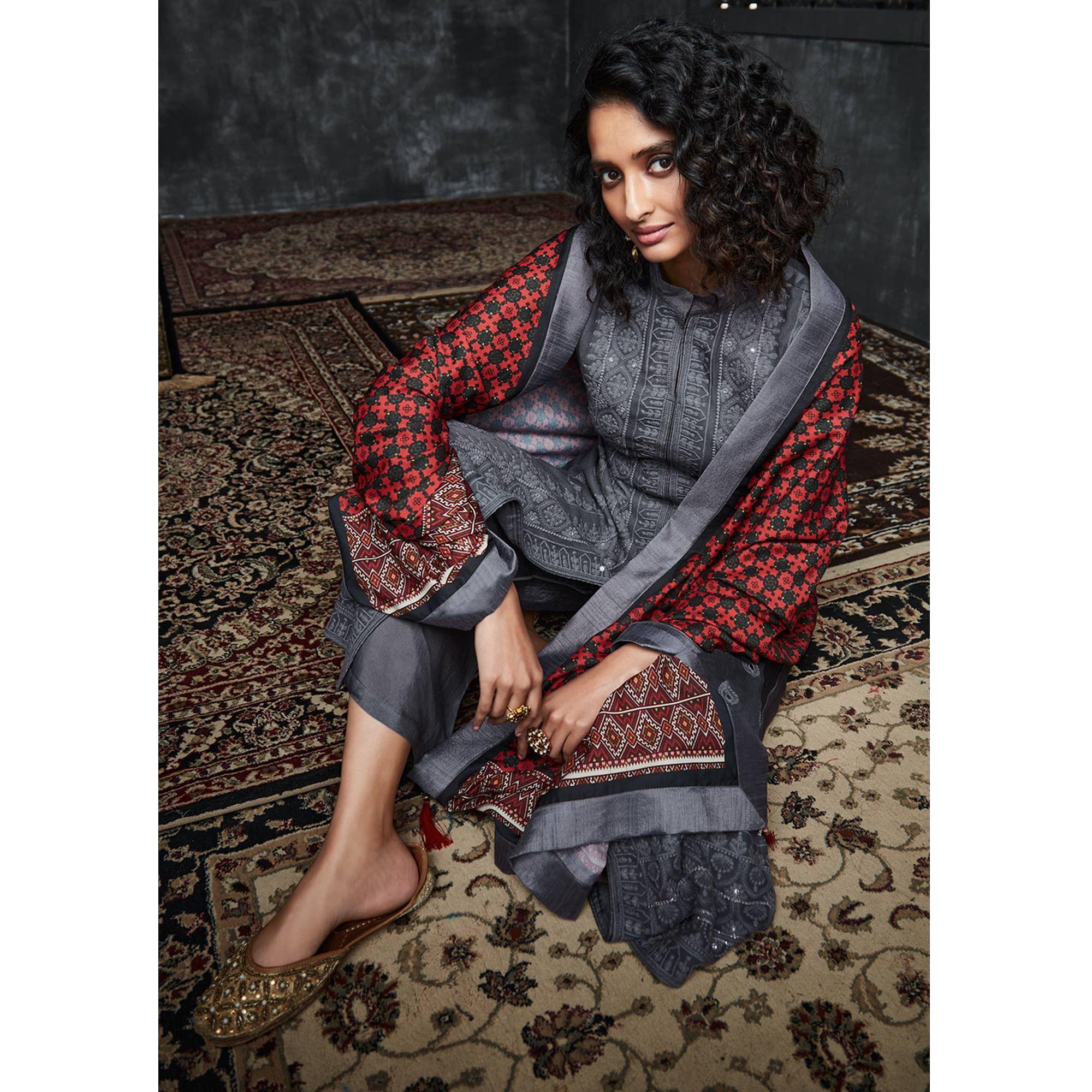 Grey Lakhnavi Embroidery Georgette Partywear Palazzo Suit - Peachmode