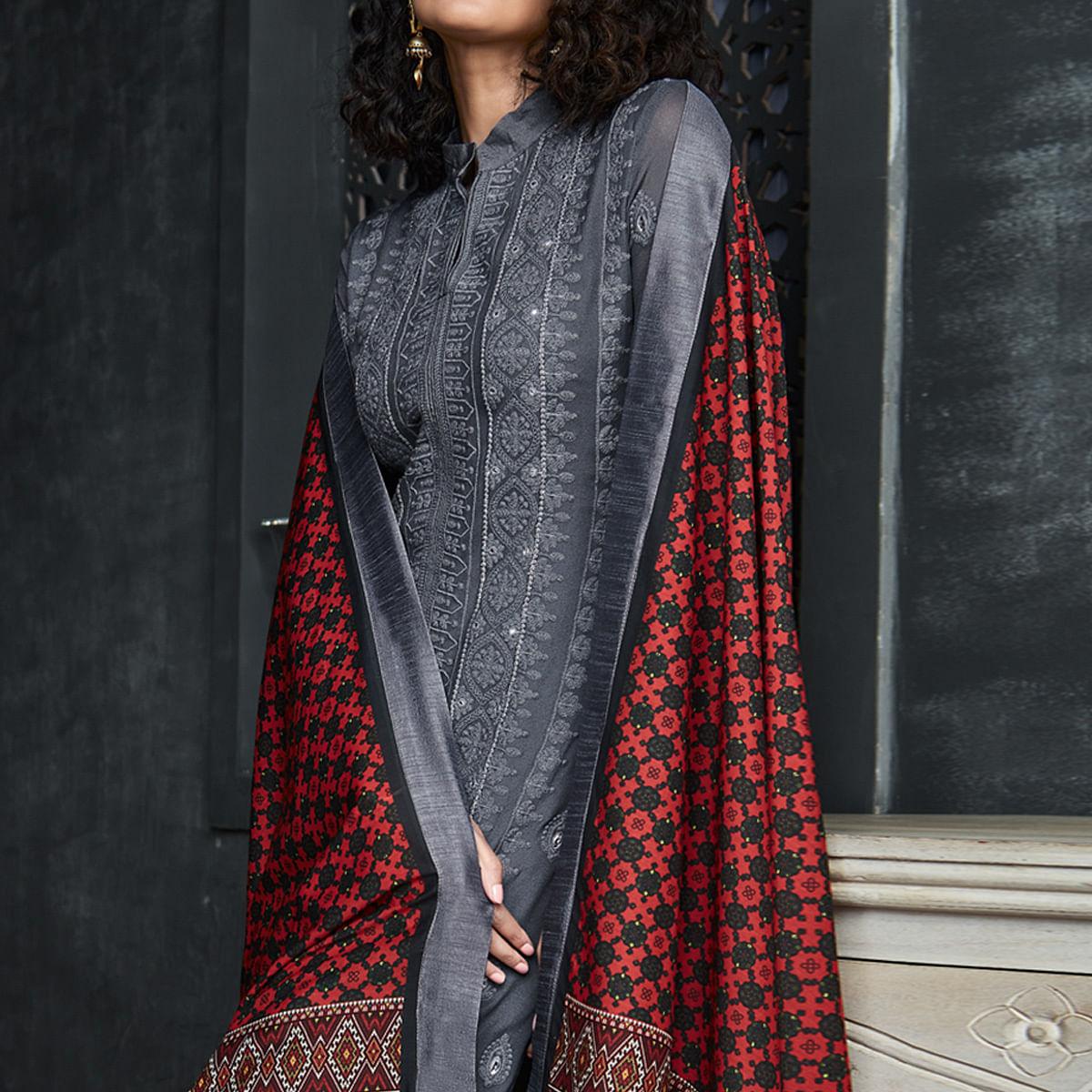 Grey Lakhnavi Embroidery Georgette Partywear Palazzo Suit - Peachmode