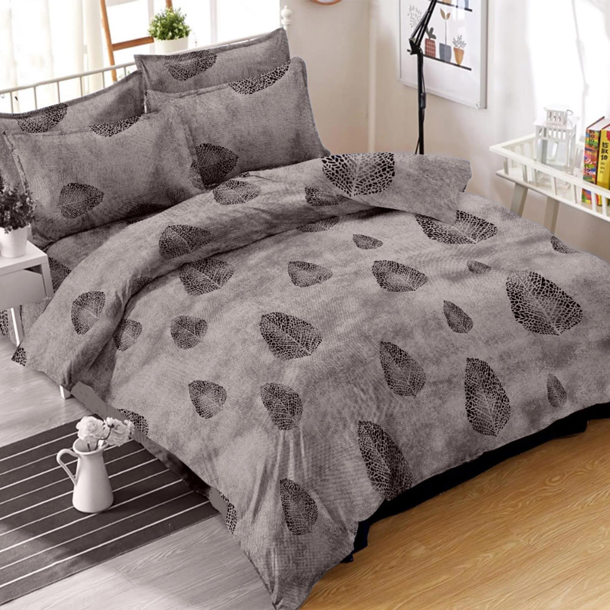 Grey Leaf Printed Cotton Double Bedsheet With Pillow Cover - Peachmode