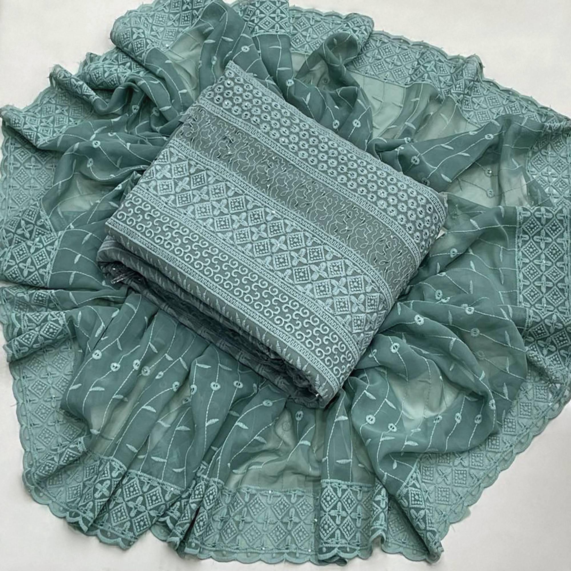 Grey Lucknowi Embroidered Georgette Dress Material - Peachmode