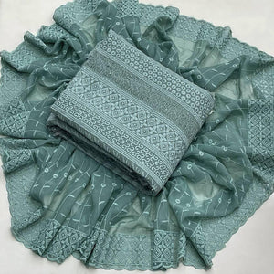 Grey Lucknowi Embroidered Georgette Dress Material - Peachmode