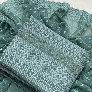 Grey Lucknowi Embroidered Georgette Dress Material - Peachmode