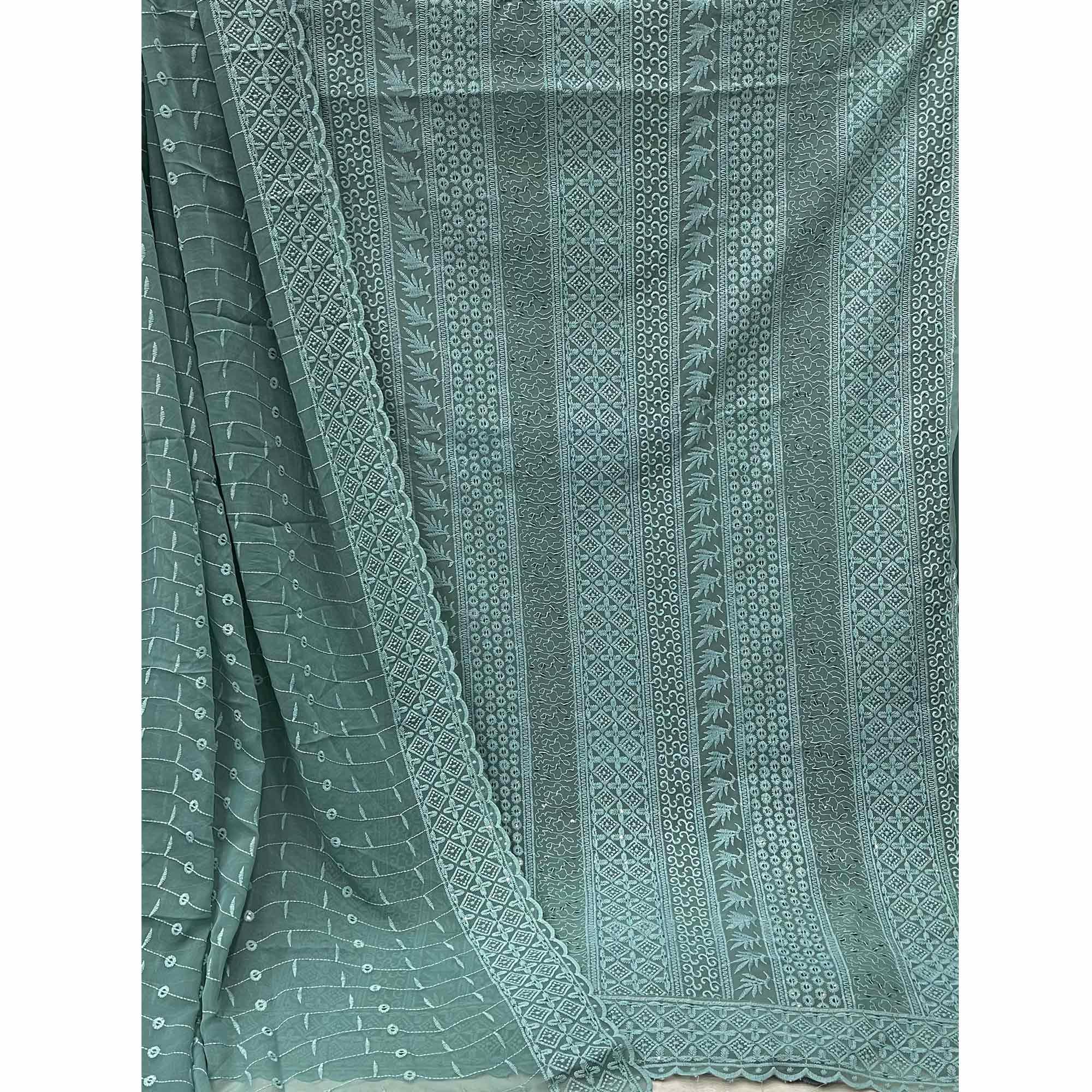 Grey Lucknowi Embroidered Georgette Dress Material - Peachmode