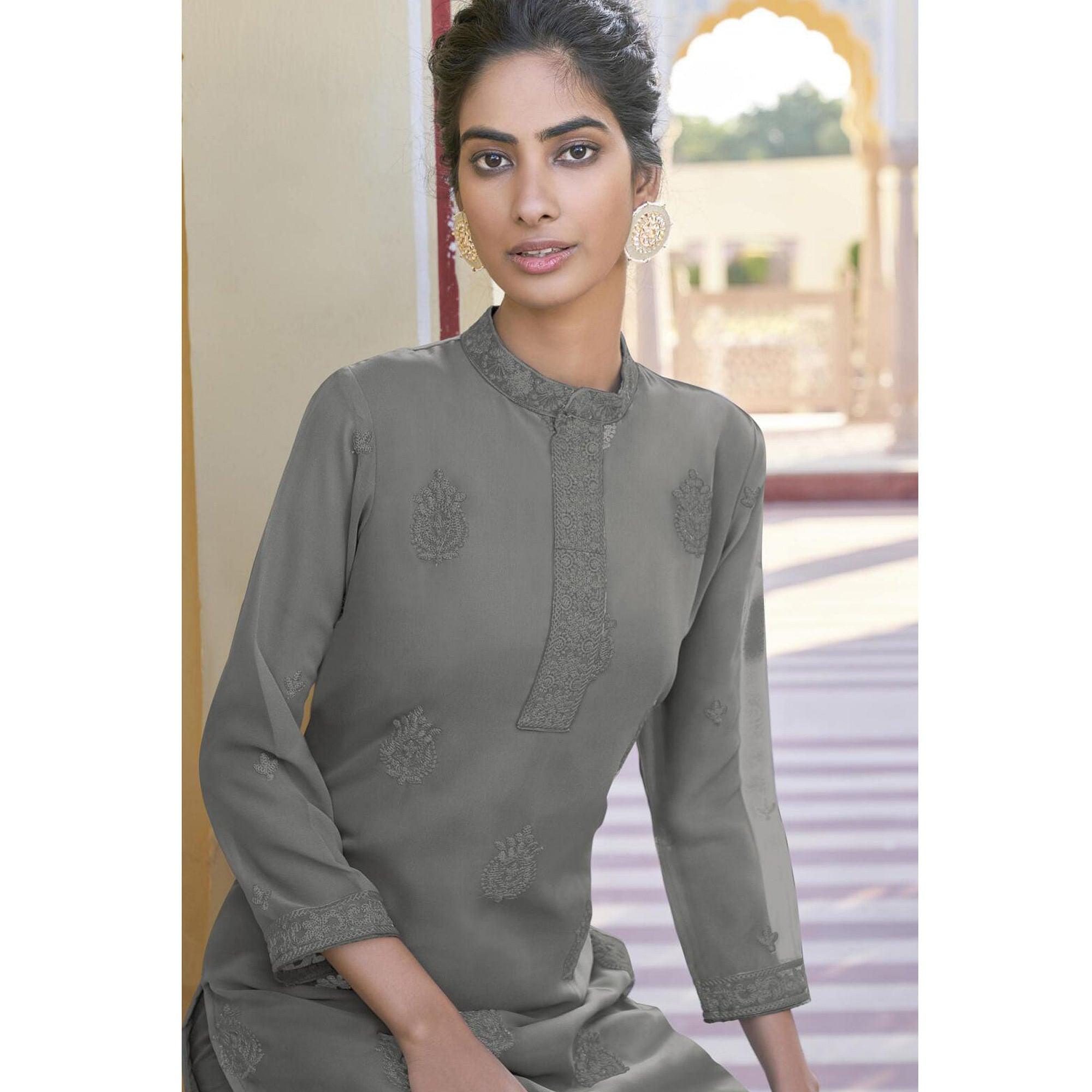 Grey Lucknowi Embroidered Georgette Kurti Palazzo Set - Peachmode