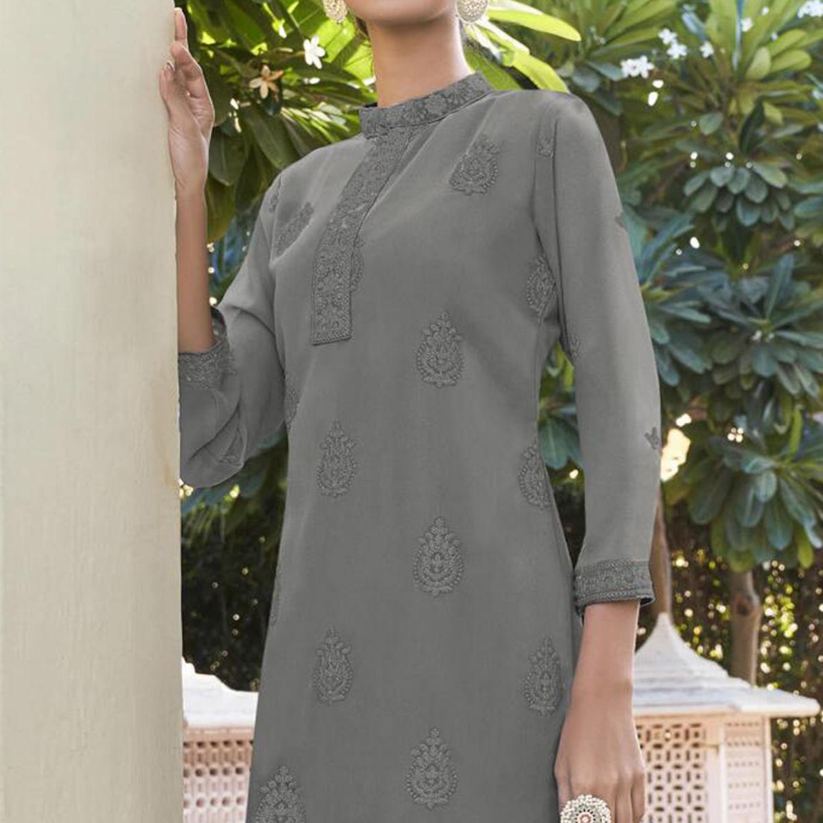 Grey Lucknowi Embroidered Georgette Kurti Palazzo Set - Peachmode
