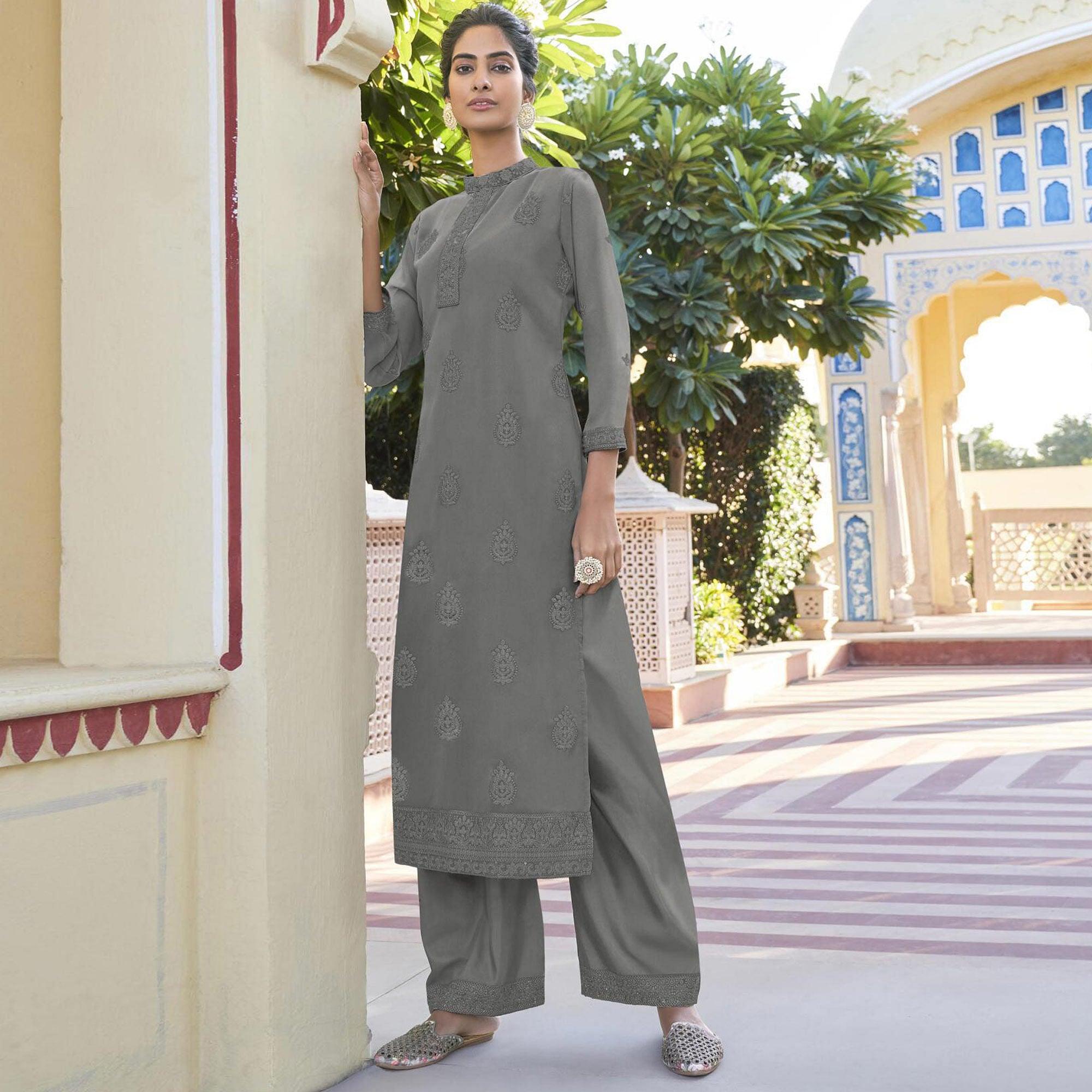 Grey Lucknowi Embroidered Georgette Kurti Palazzo Set - Peachmode