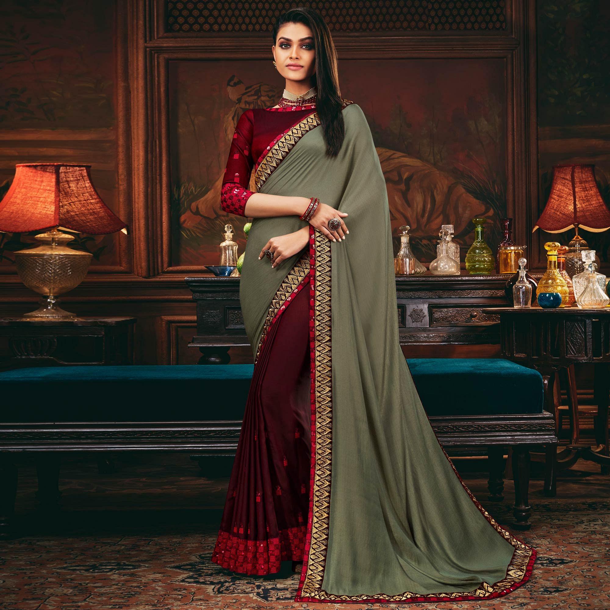 Grey - Maroon Festive Wear Woven Silk Half - Half Saree - Peachmode
