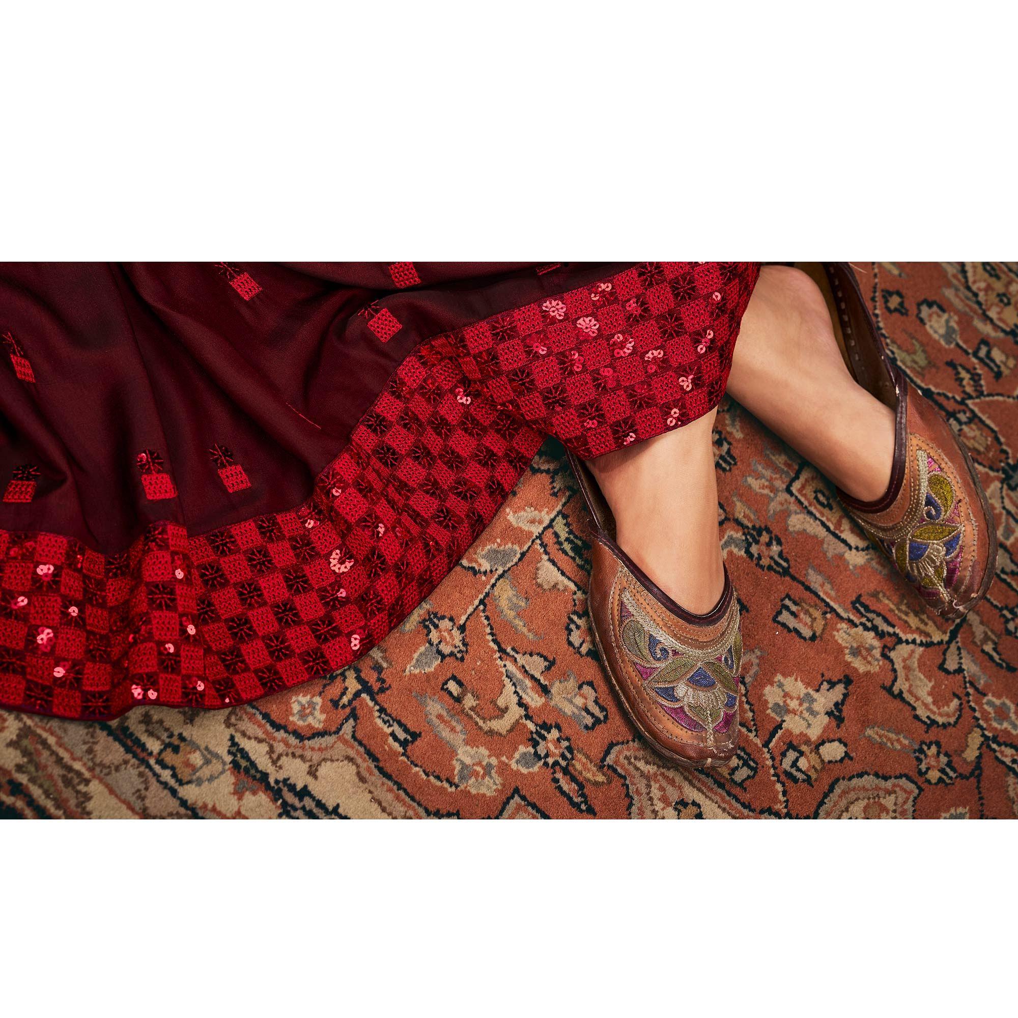 Grey - Maroon Festive Wear Woven Silk Half - Half Saree - Peachmode