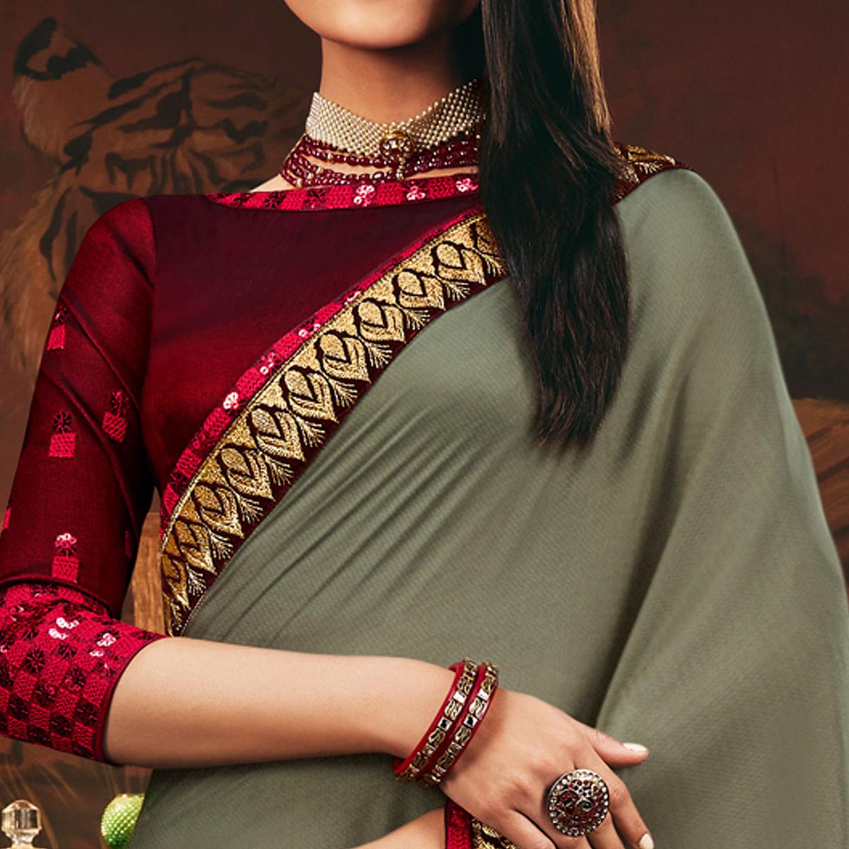 Grey - Maroon Festive Wear Woven Silk Half - Half Saree - Peachmode