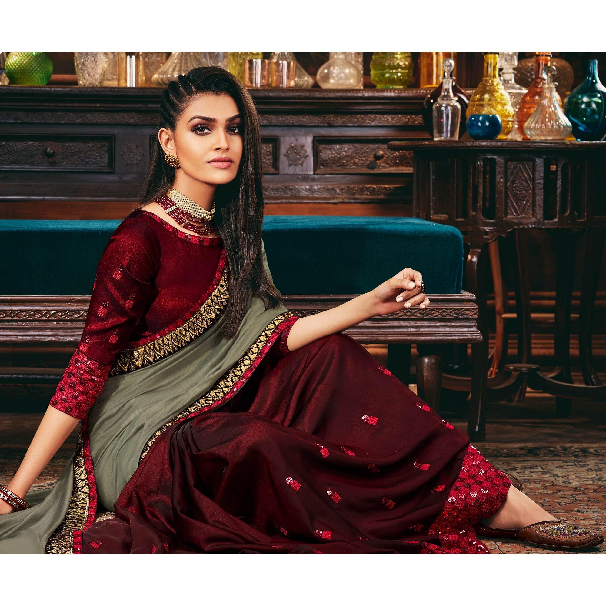 Grey - Maroon Festive Wear Woven Silk Half - Half Saree - Peachmode