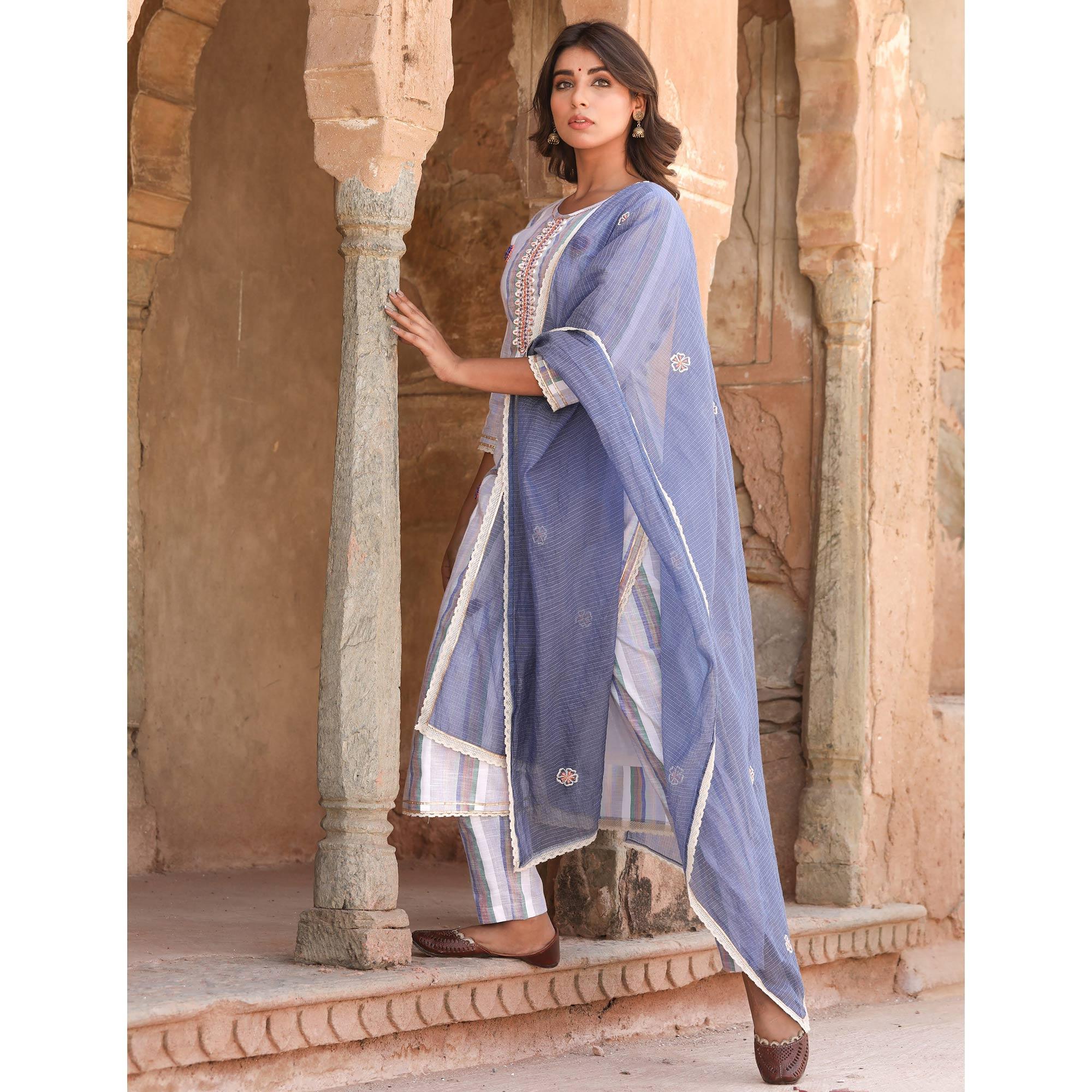 Grey - Multicolor Casual Wear Stripe Printed Cotton Kurti - Pant Set With Dupatta - Peachmode