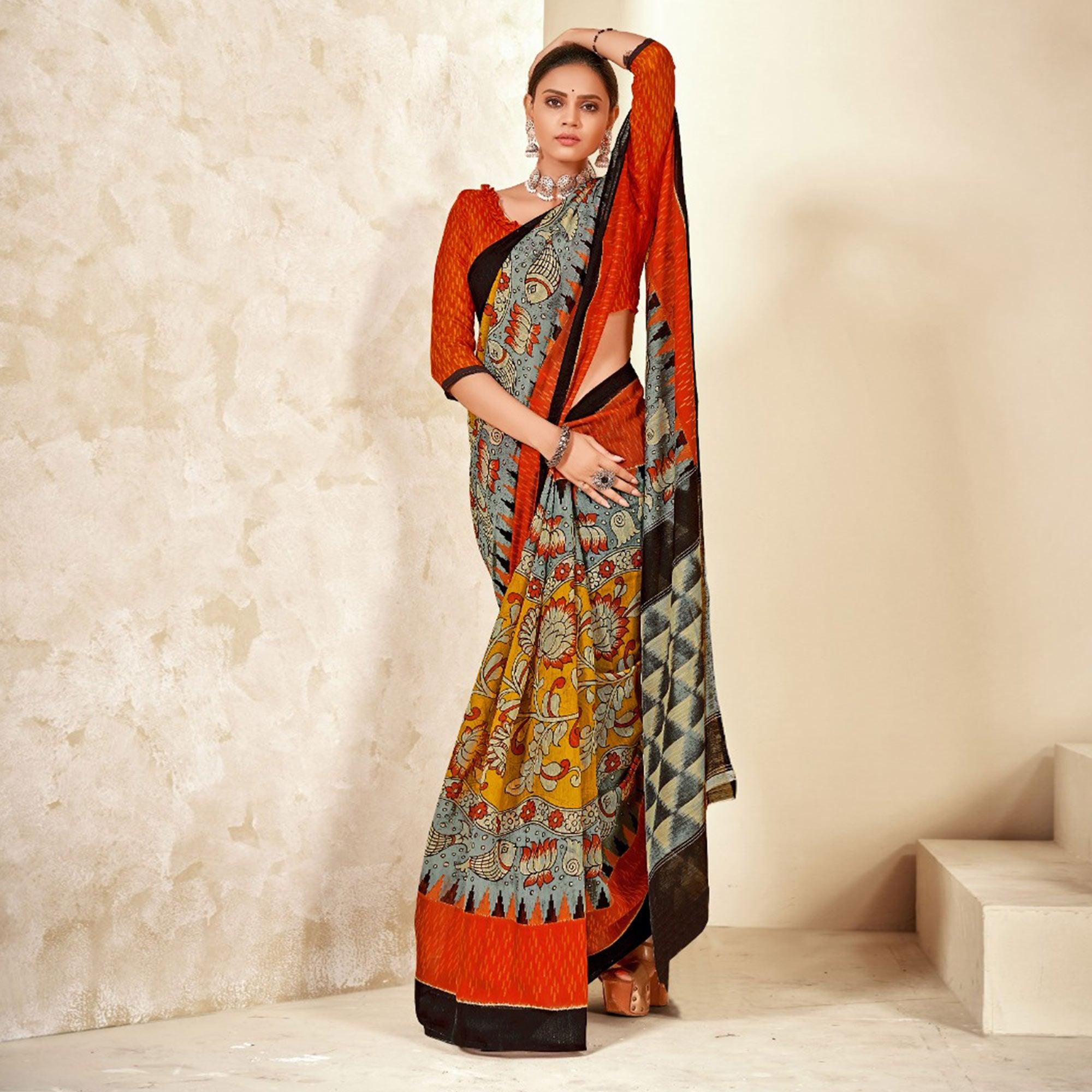 Grey-Mustard Floral Printed Poly Cotton Saree - Peachmode