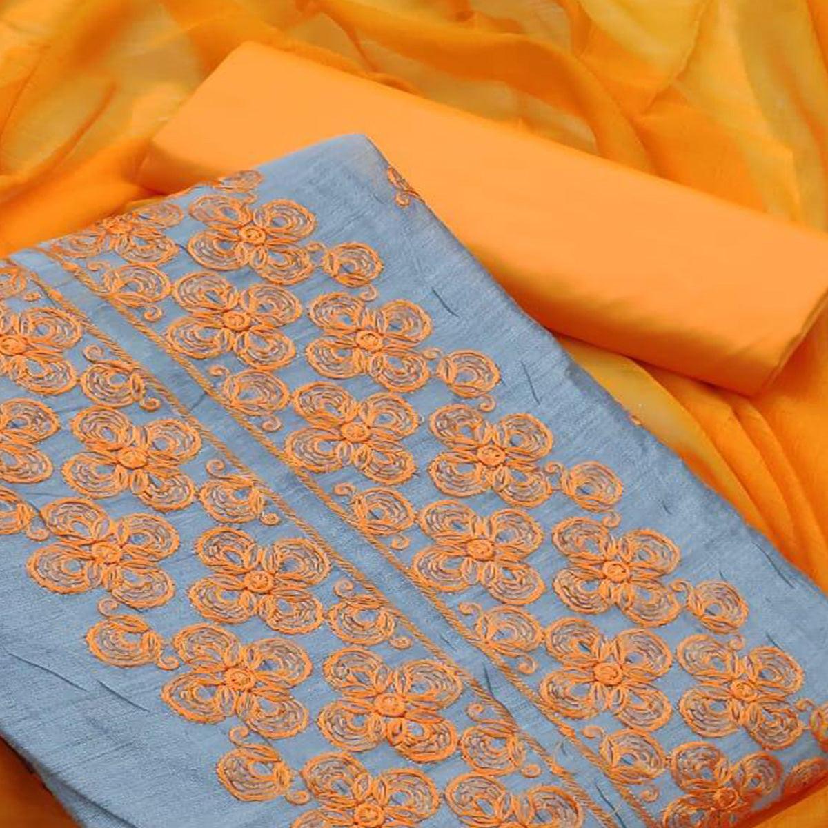 Grey - Orange Embroidered Chanderi Dress Material - Peachmode