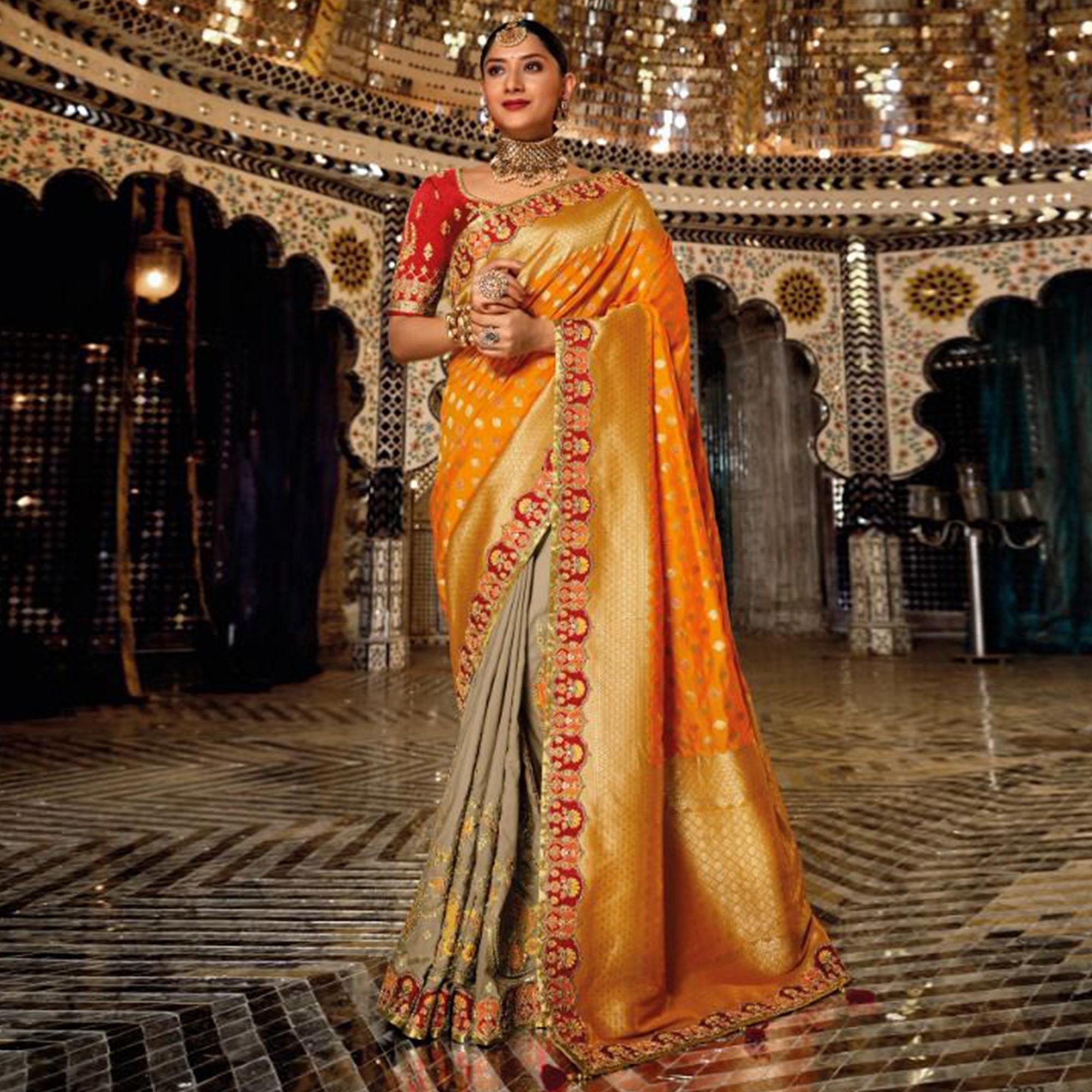 Grey-Orange Festive Wear Woven Banarasi Silk Half & Half Saree - Peachmode