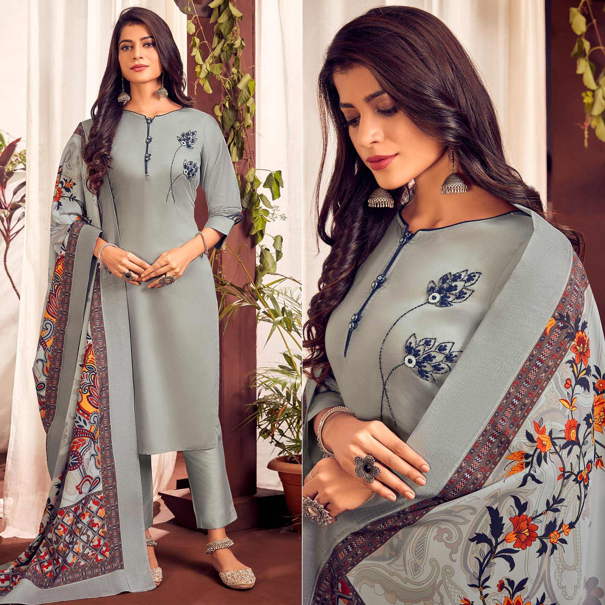 Grey Party Wear Embroidered Cotton Kurti Pant Set With Dupatta - Peachmode