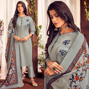Grey Party Wear Embroidered Cotton Kurti Pant Set With Dupatta - Peachmode