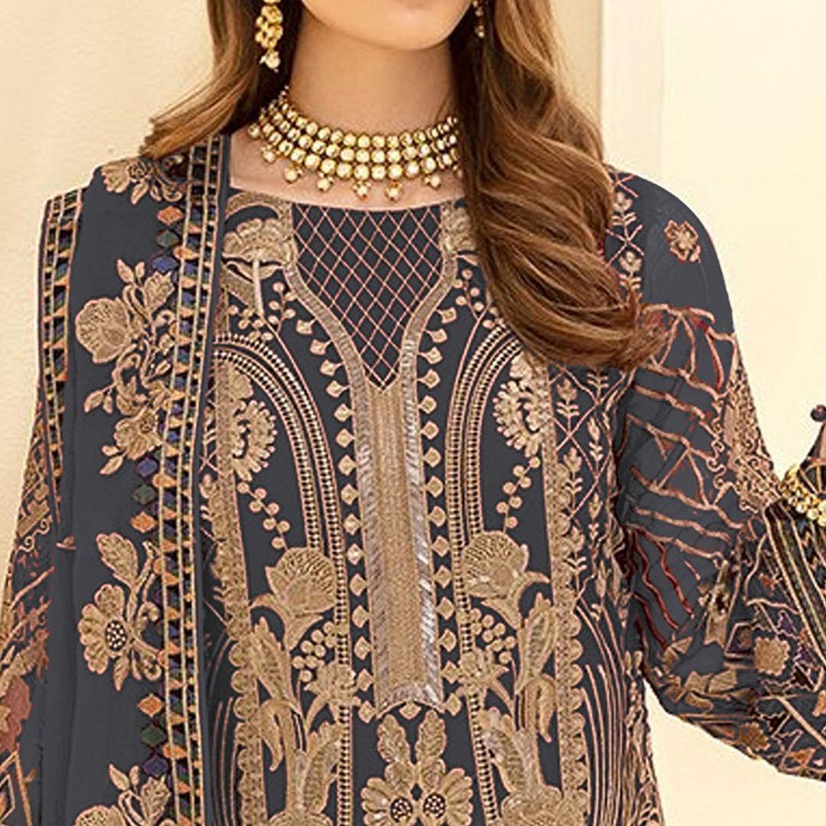 Grey Party Wear Embroidered Georgette Pakistani Suit - Peachmode