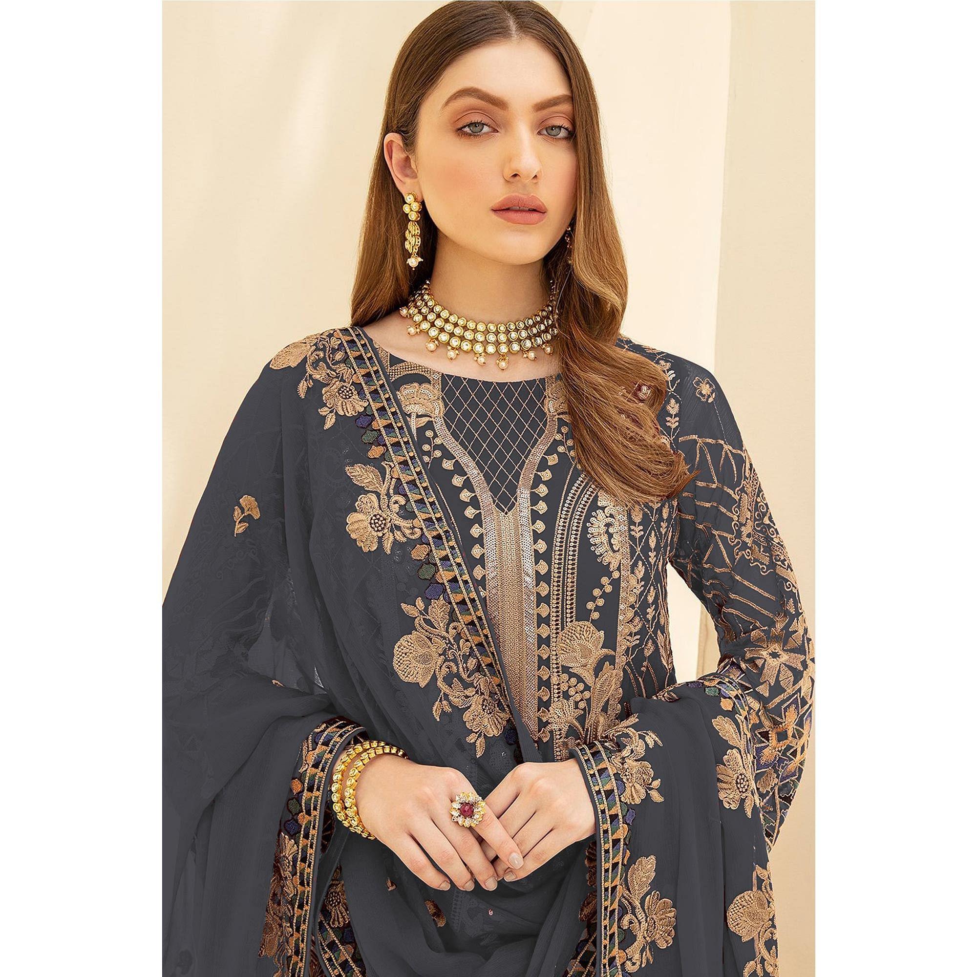 Grey Party Wear Embroidered Georgette Pakistani Suit - Peachmode