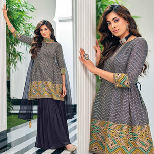 Grey Party Wear Embroidered Georgette Sharara Suit - Peachmode