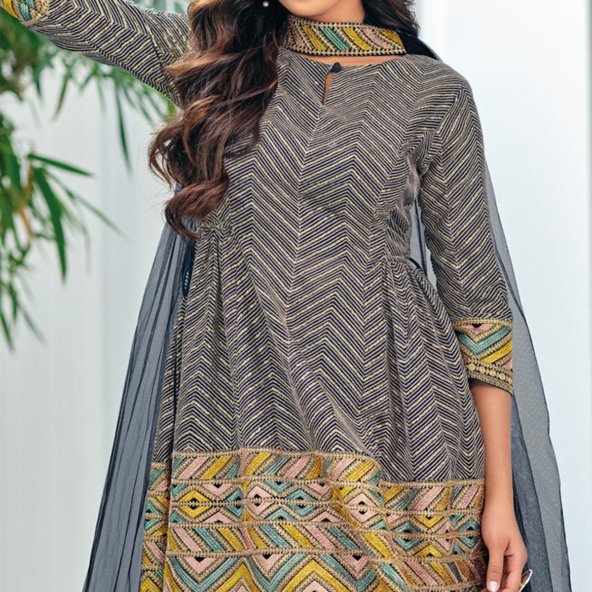 Grey Party Wear Embroidered Georgette Sharara Suit - Peachmode