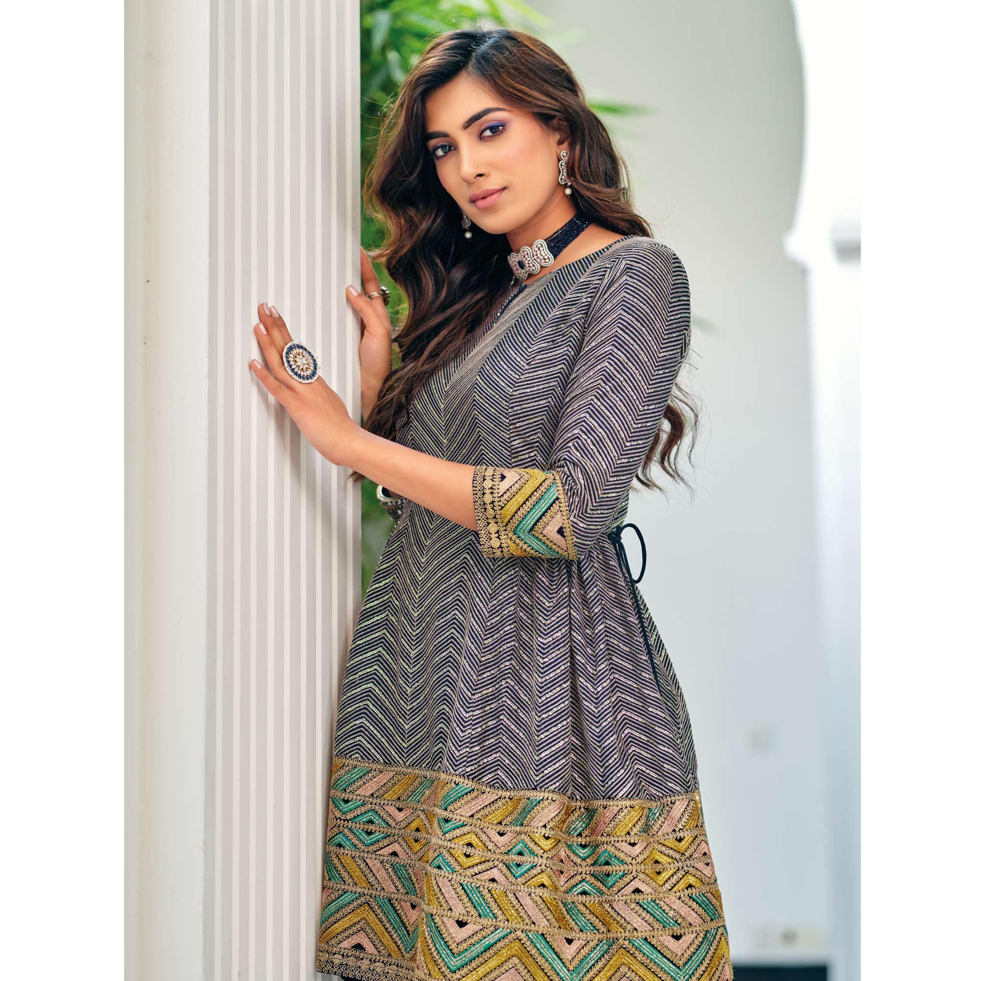 Grey Party Wear Embroidered Georgette Sharara Suit - Peachmode