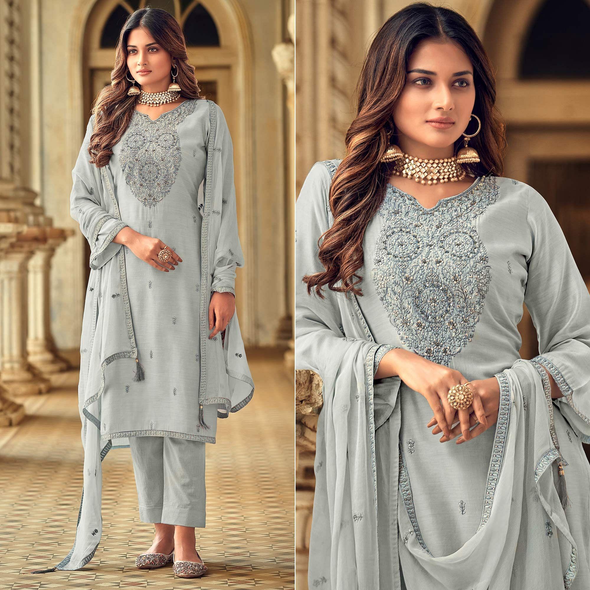 Grey Party Wear Embroidered Muslin Suit - Peachmode