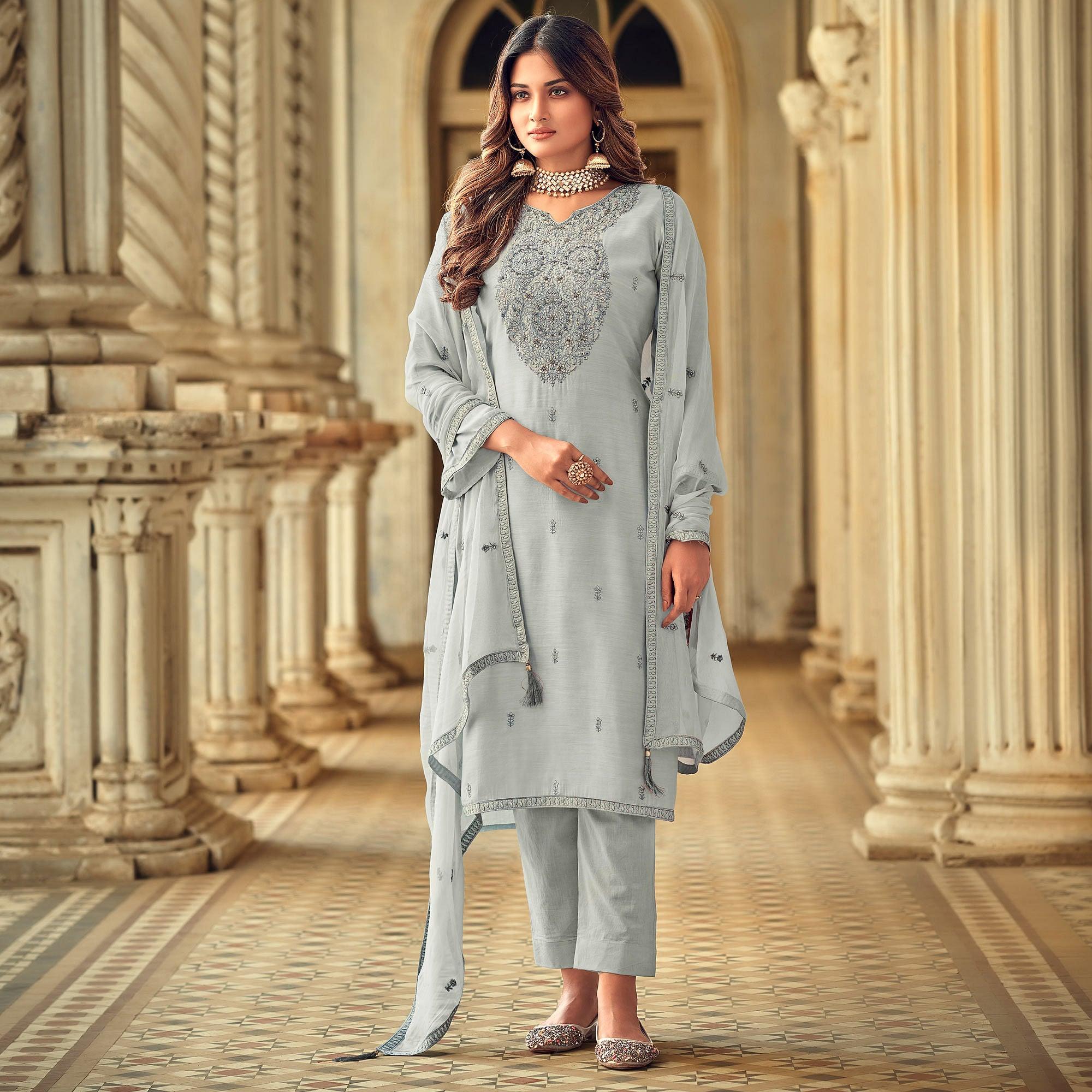 Grey Party Wear Embroidered Muslin Suit - Peachmode