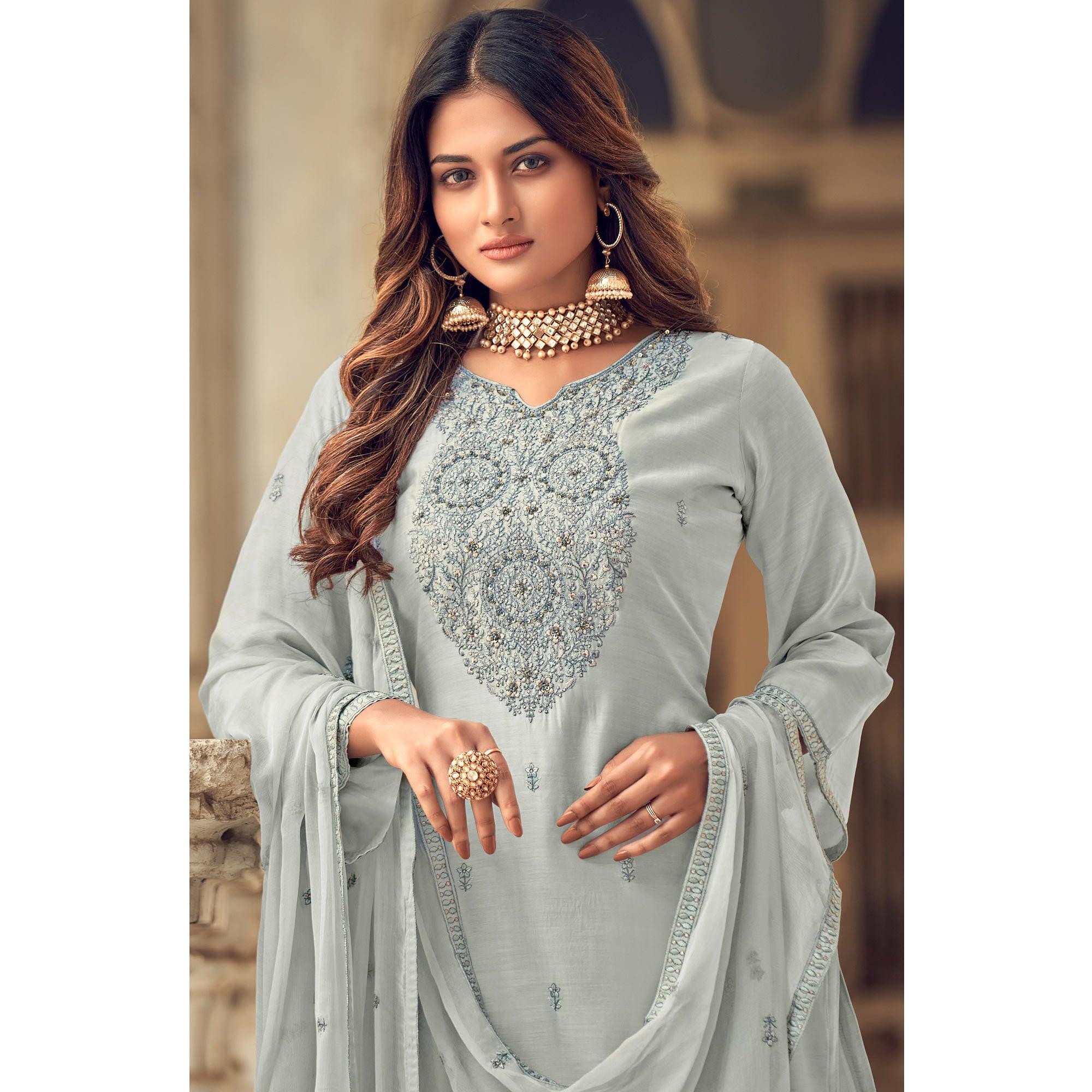 Grey Party Wear Embroidered Muslin Suit - Peachmode