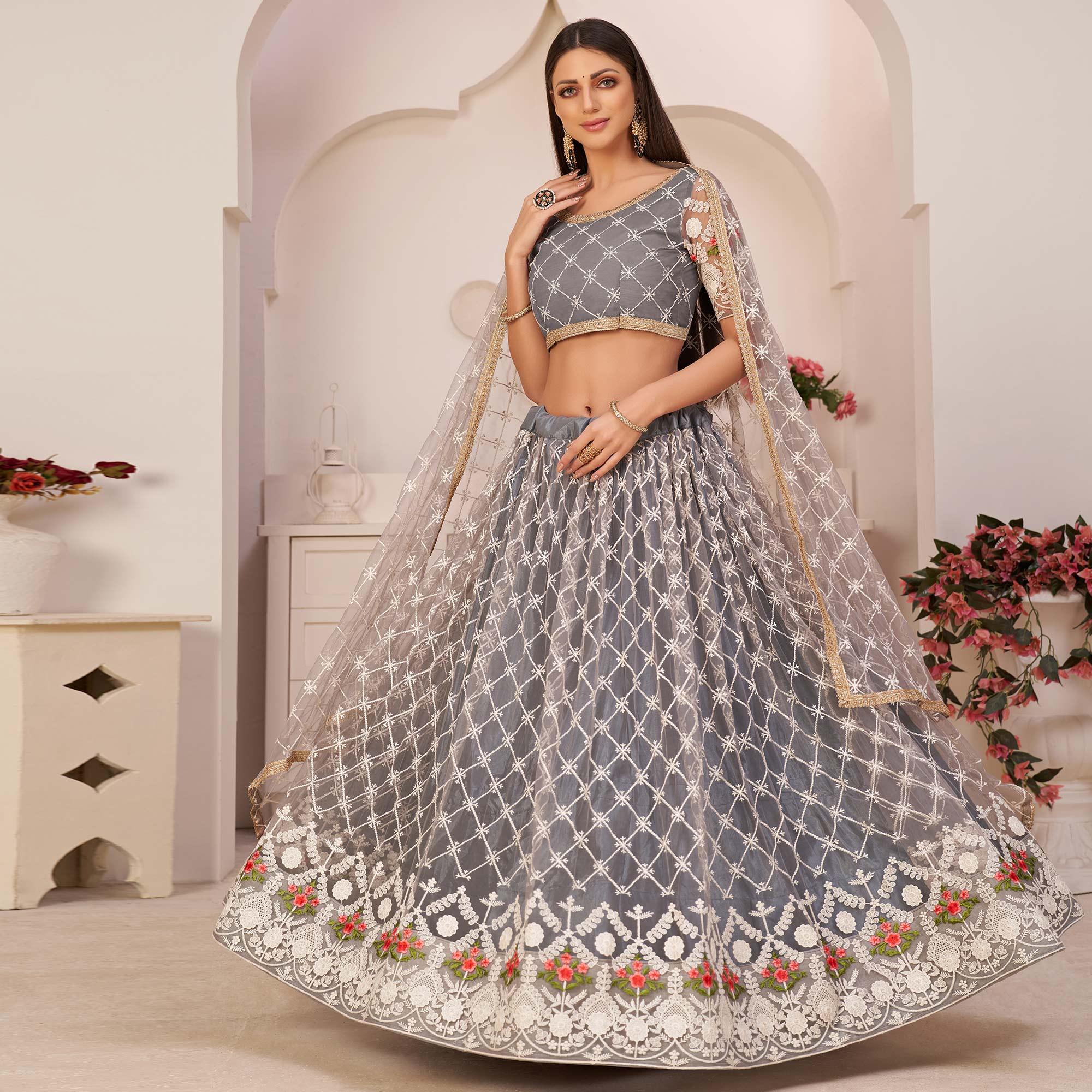 Grey Party Wear Embroidered Netted Lehenga Choli - Peachmode
