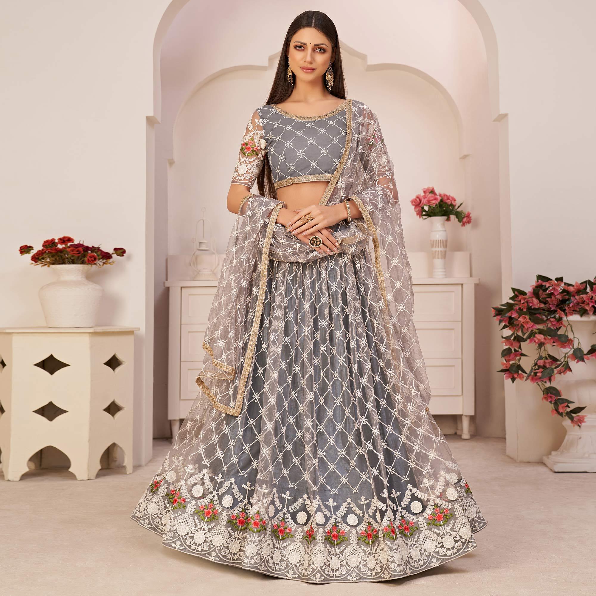 Grey Party Wear Embroidered Netted Lehenga Choli - Peachmode