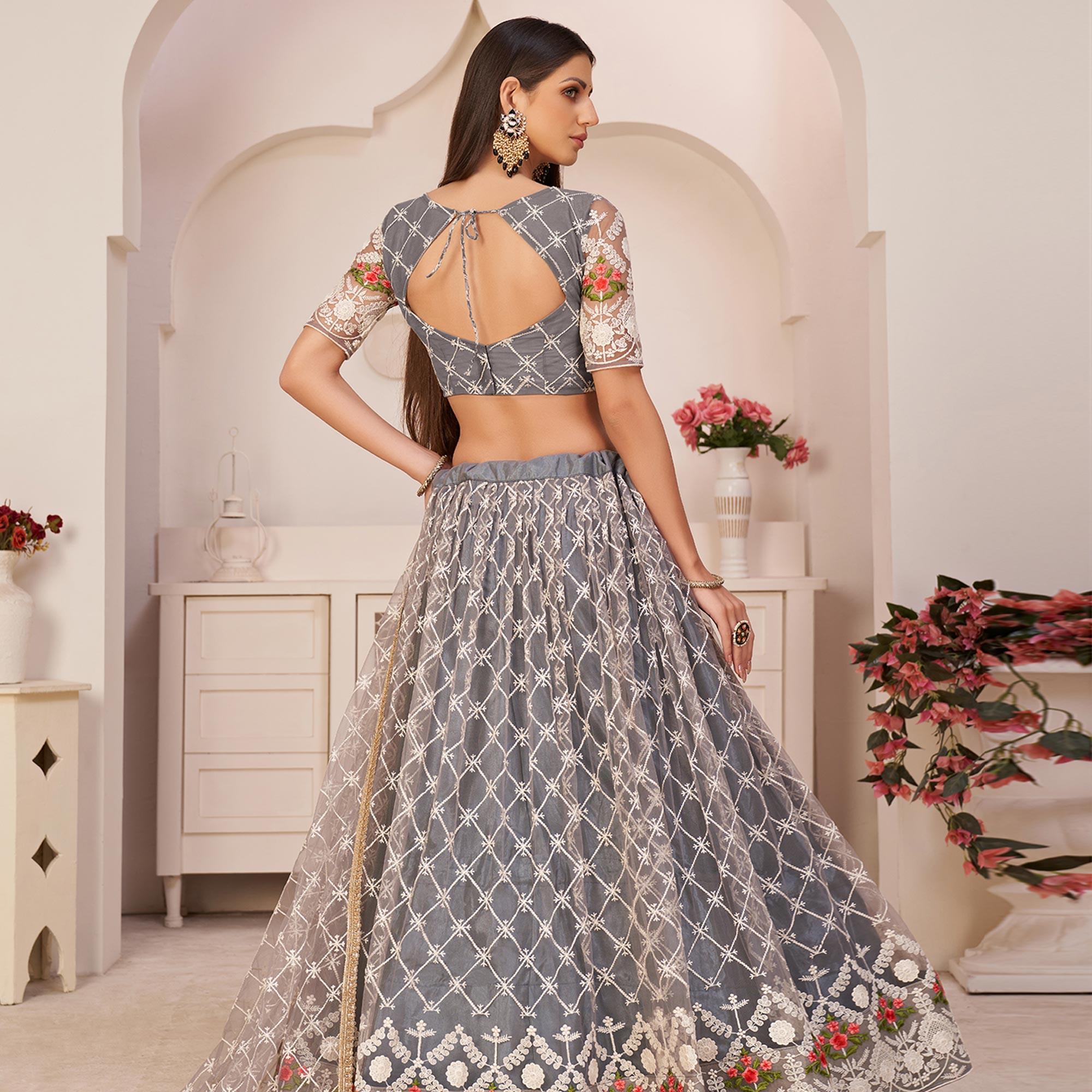 Grey Party Wear Embroidered Netted Lehenga Choli - Peachmode