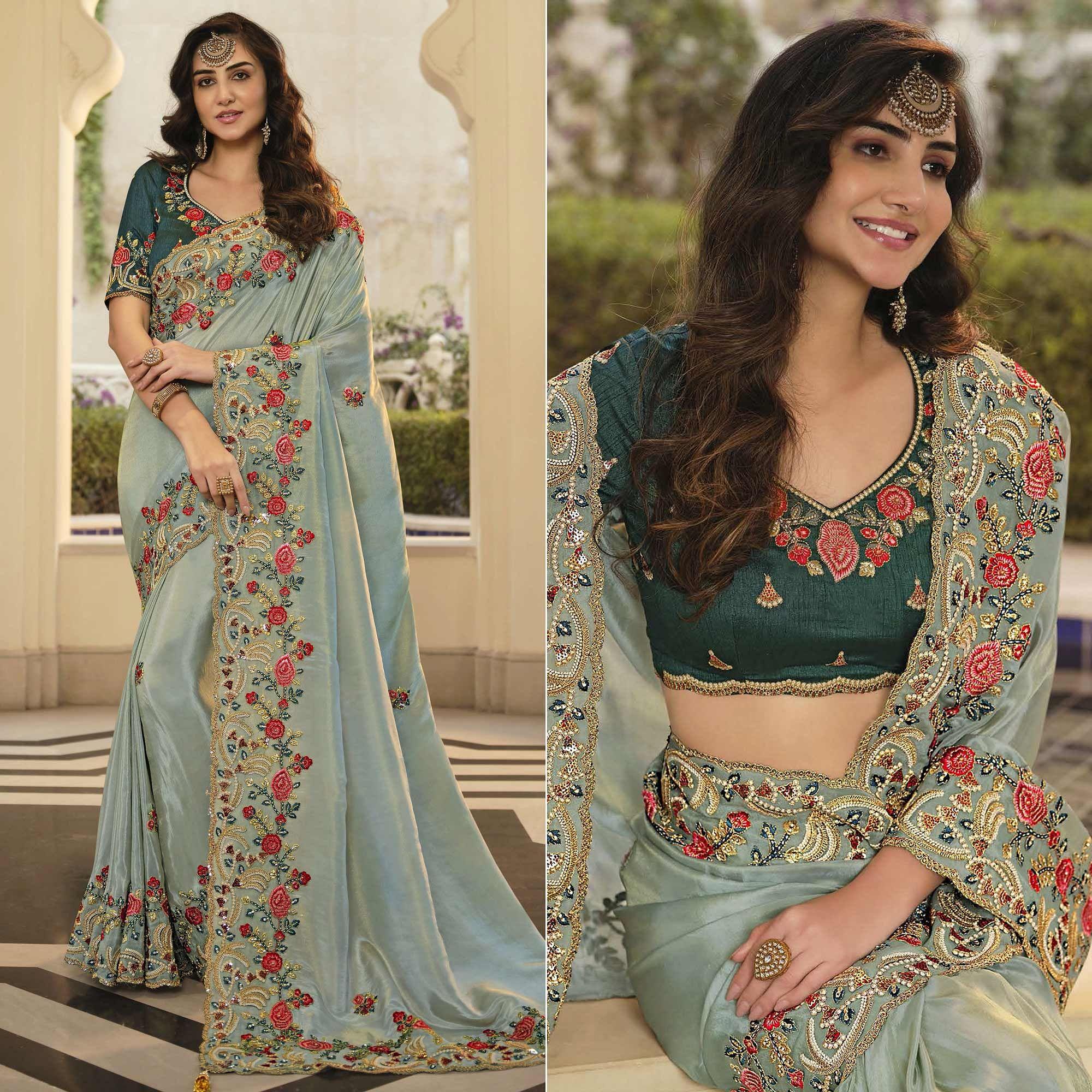 Grey Party Wear Embroidered Satin Saree - Peachmode