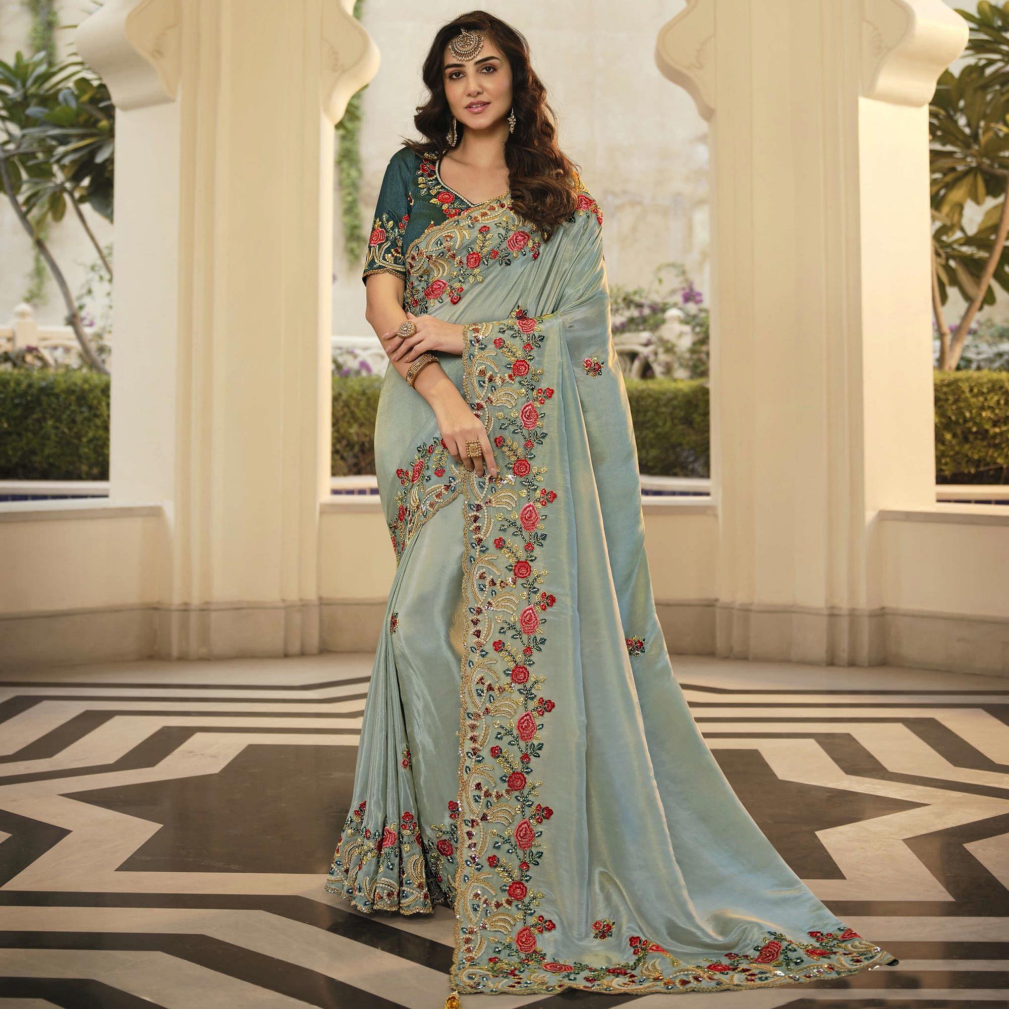 Grey Party Wear Embroidered Satin Saree - Peachmode