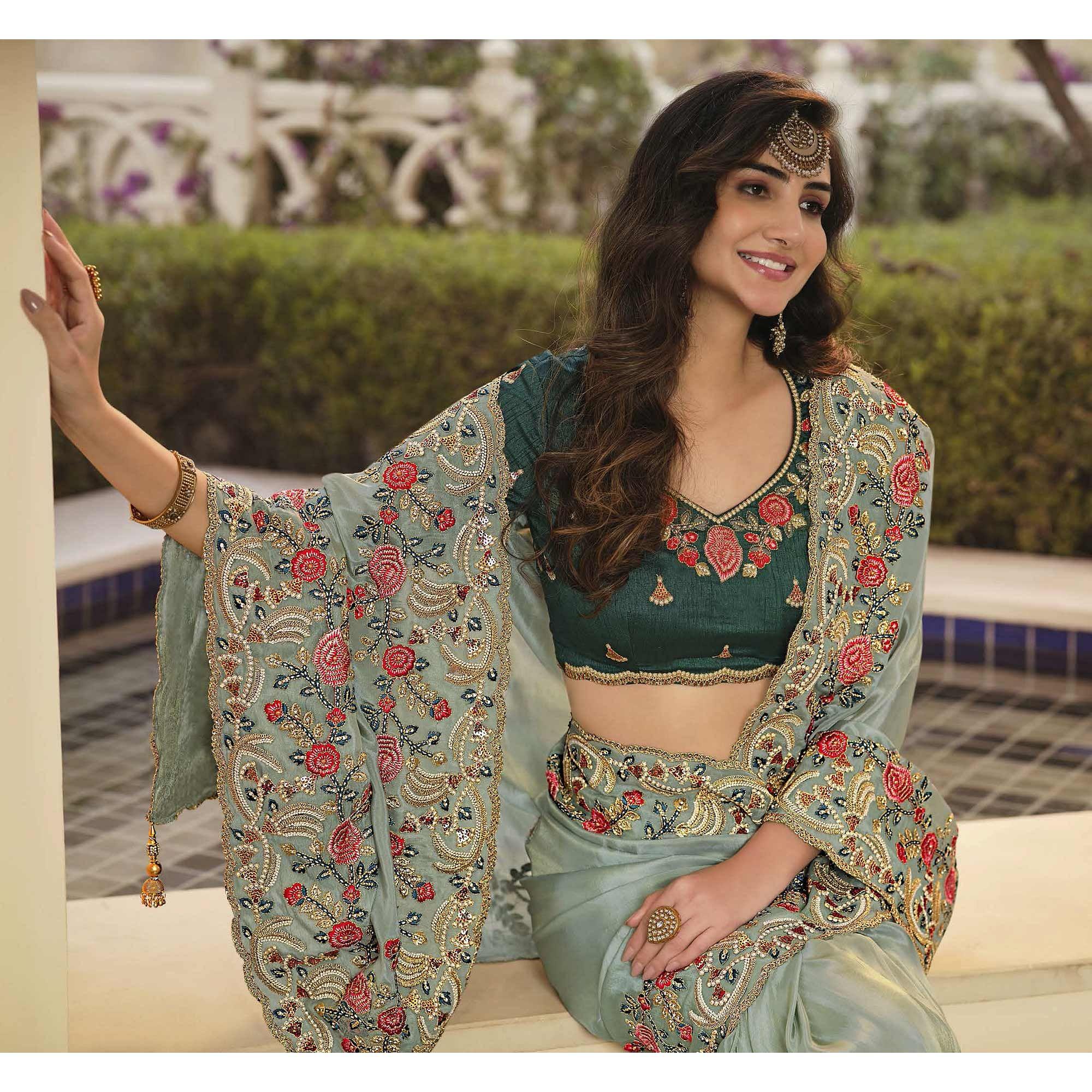 Grey Party Wear Embroidered Satin Saree - Peachmode