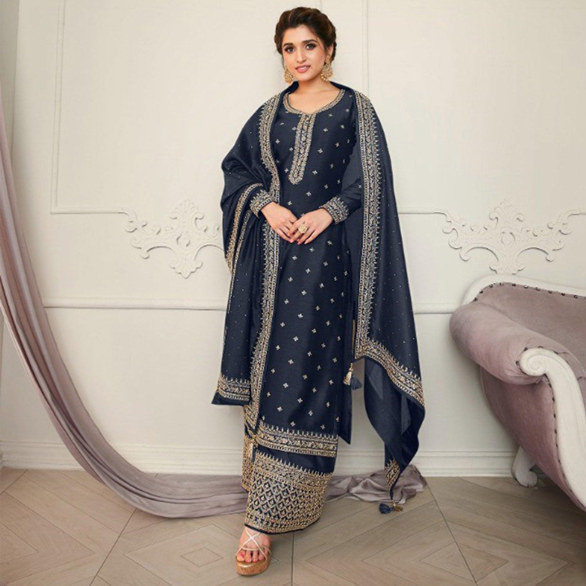 Grey Party Wear Embroidered Silk Georgette Palazzo Suit - Peachmode