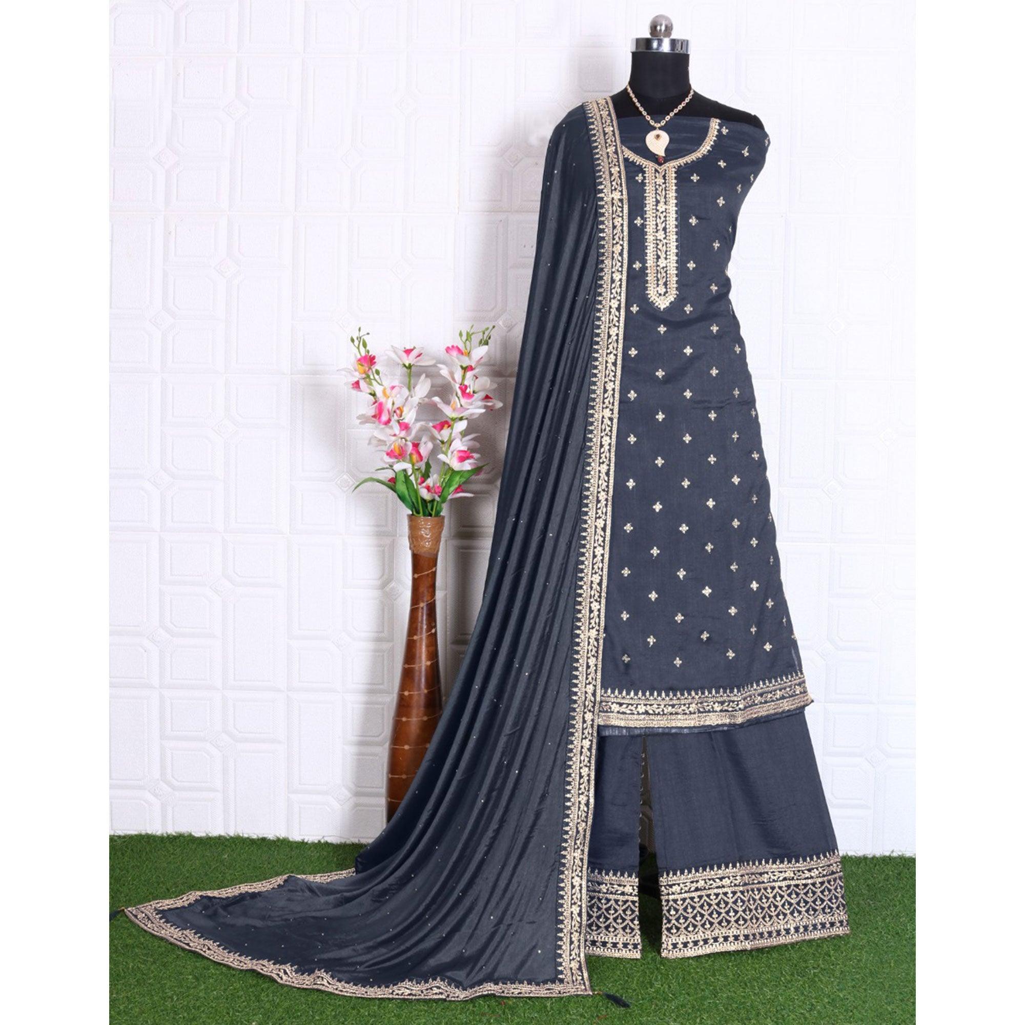 Grey Party Wear Embroidered Silk Georgette Palazzo Suit - Peachmode