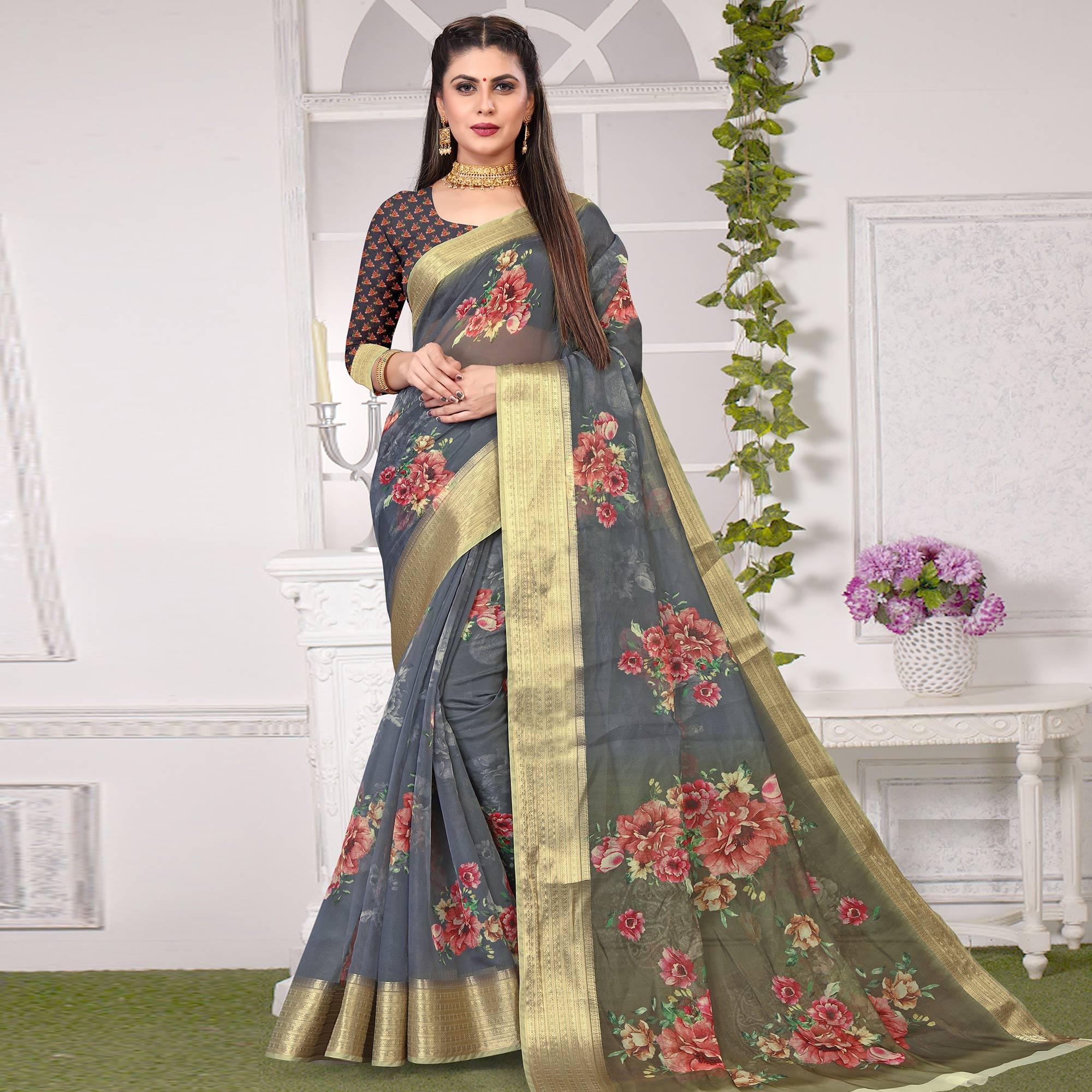 Grey Party Wear Floral Digital Printed With Jacquard Border Soft Georgette Saree - Peachmode