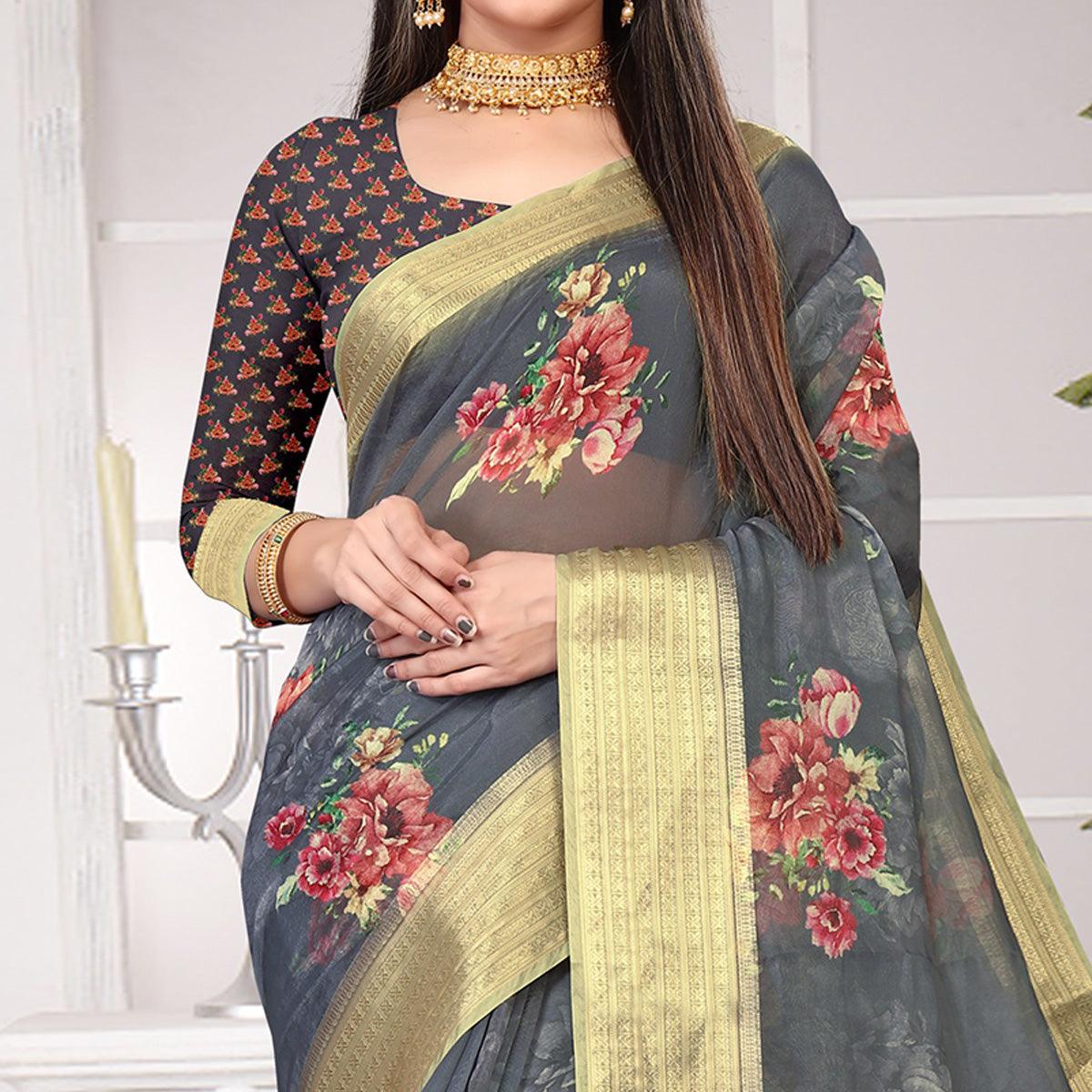 Grey Party Wear Floral Digital Printed With Jacquard Border Soft Georgette Saree - Peachmode