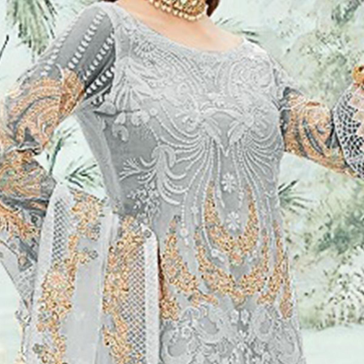 Grey Party Wear Floral Embroidered Georgette Straight Salwar Suit - Peachmode