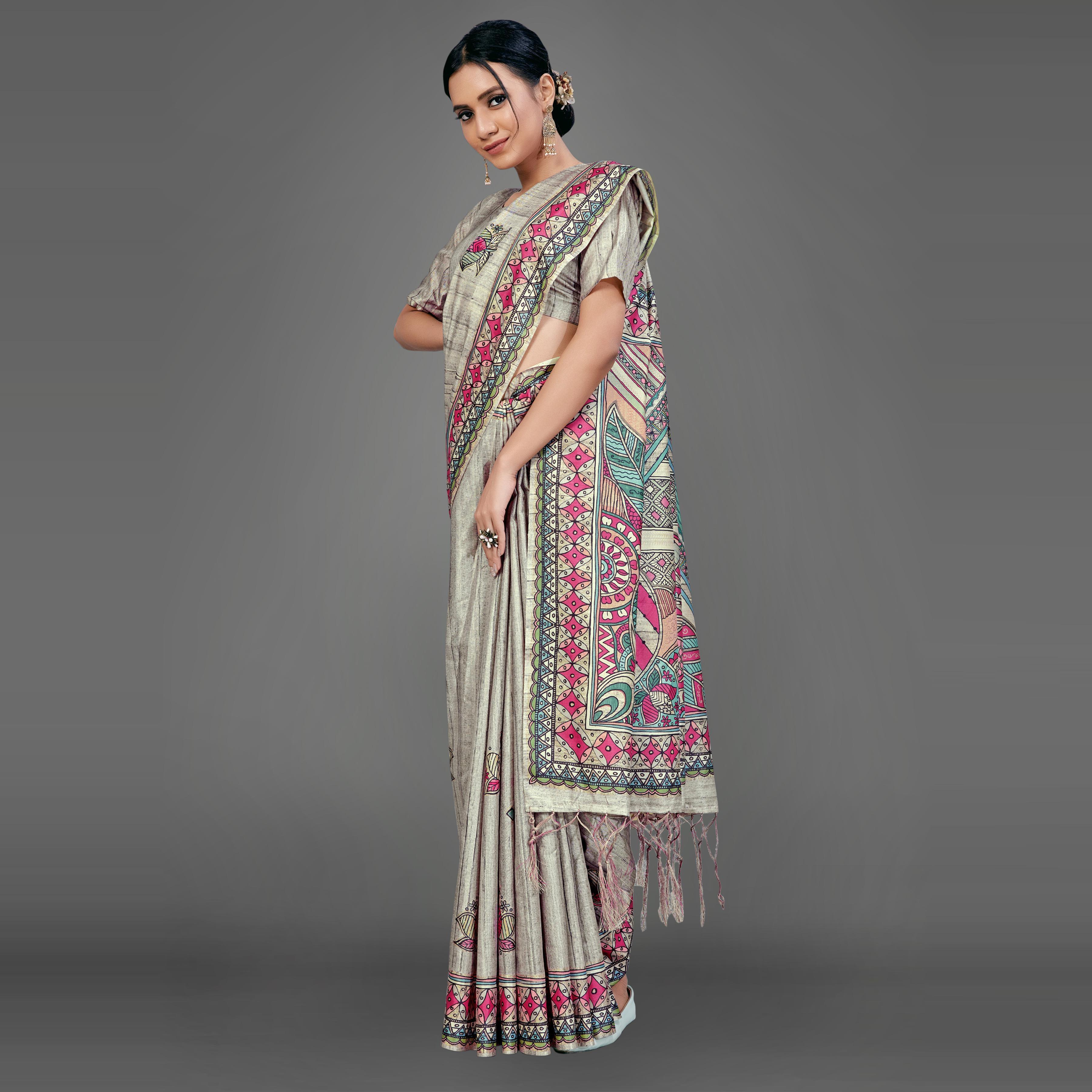 Grey Party Wear Silk Blend Floral Print Saree With Unstitched Blouse - Peachmode